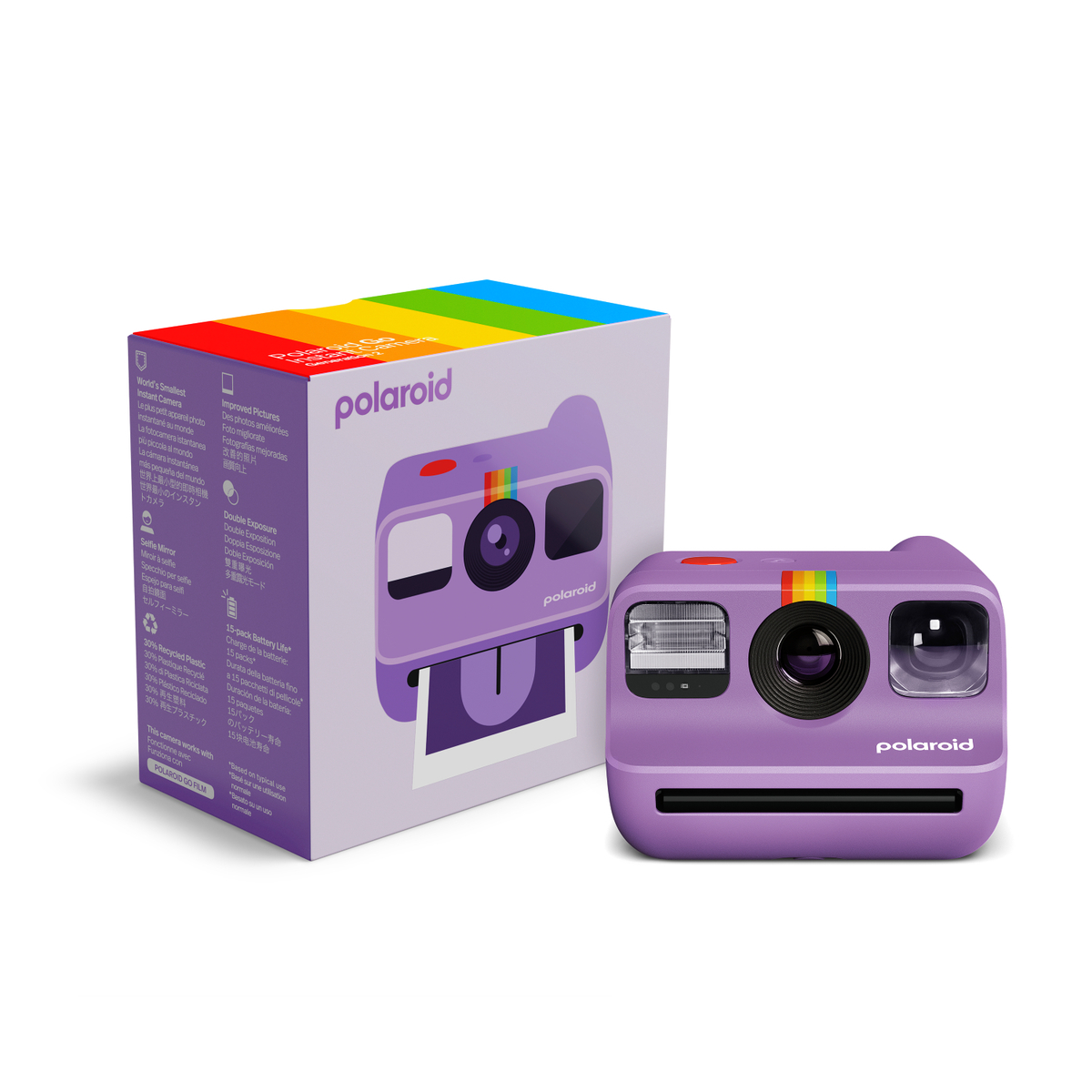 Cámara Polaroid con caja. La caja tiene colores del arcoíris.