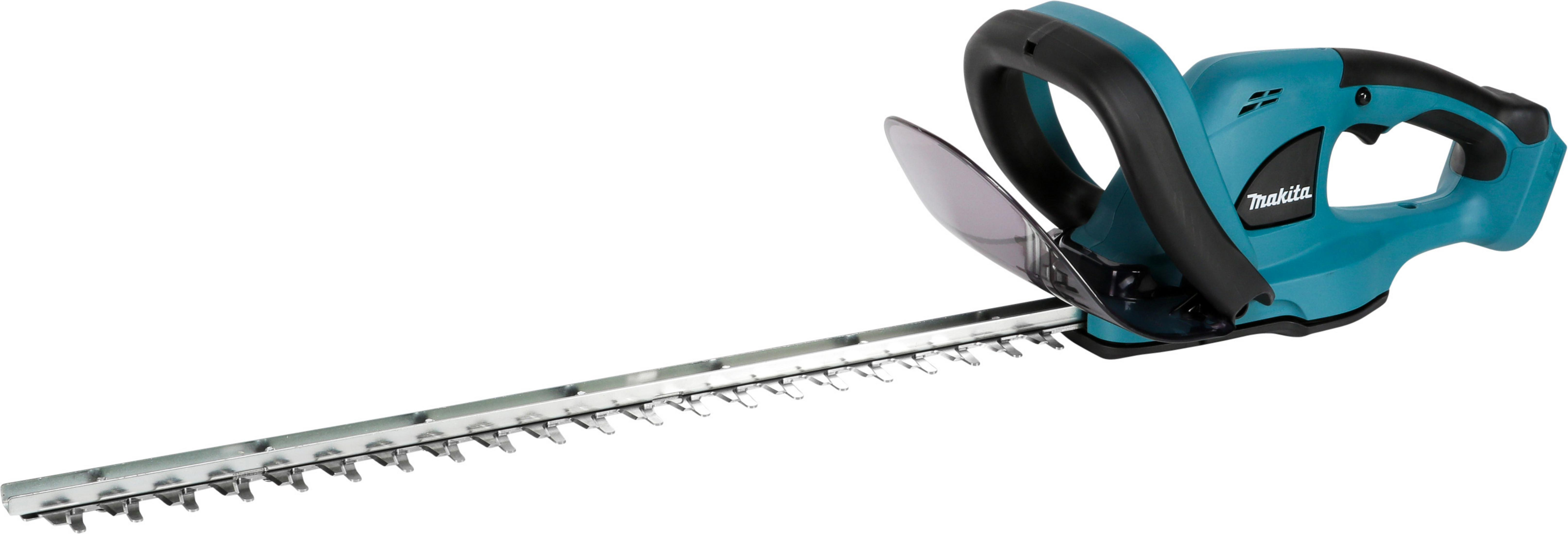 Türkis und schwarze Heckenschere. Marke Makita, mit einer langen silbernen Klinge.