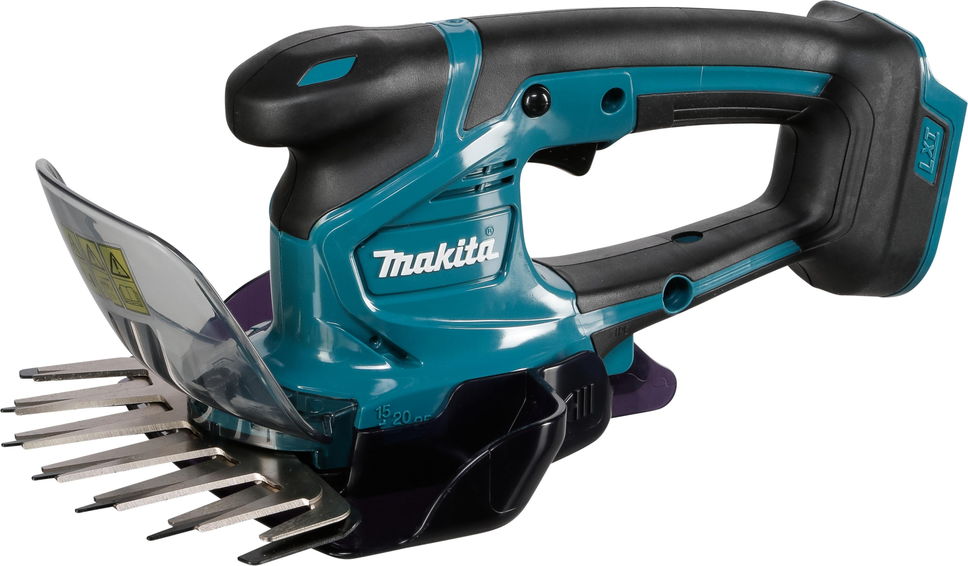 Turkusowo-czarne akumulatorowe nożyce do żywopłotu Makita. Widoczne ostrza, uchwyt i bateria.