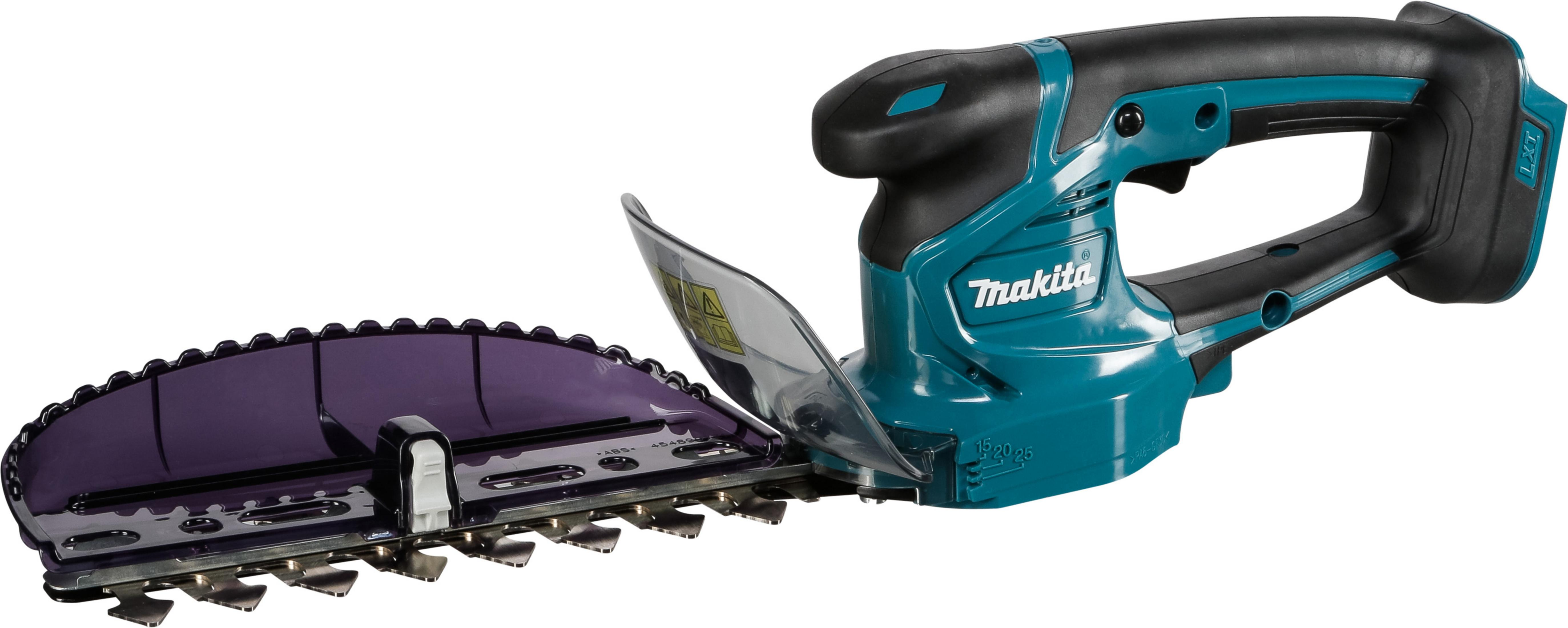 Turkusowo-czarne akumulatorowe nożyce do żywopłotu Makita na białym tle.