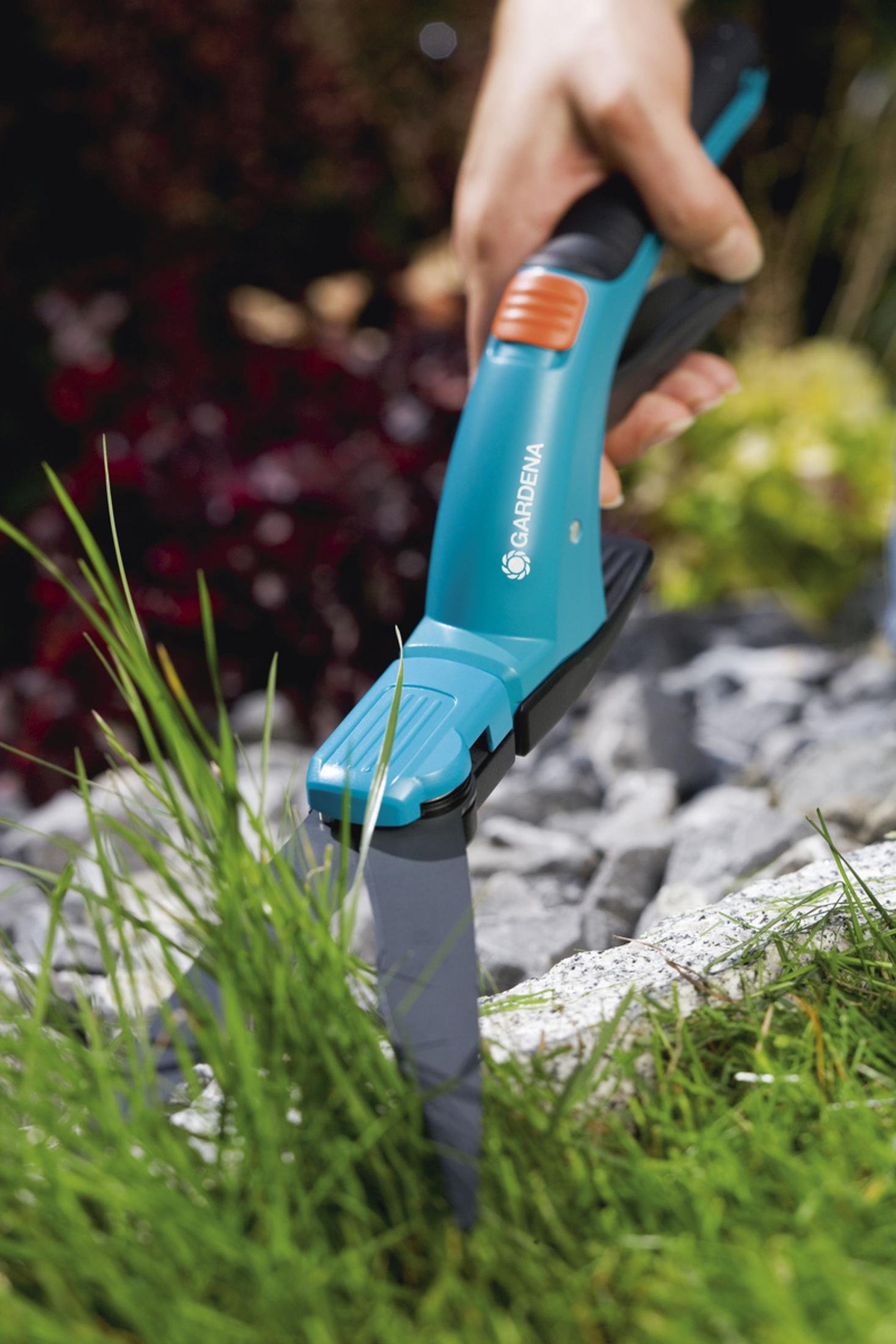 Eine Hand hält eine blaue Schere. Die Schere schneidet Gras. Der Hintergrund umfasst einen Felsen und grünes Gras.