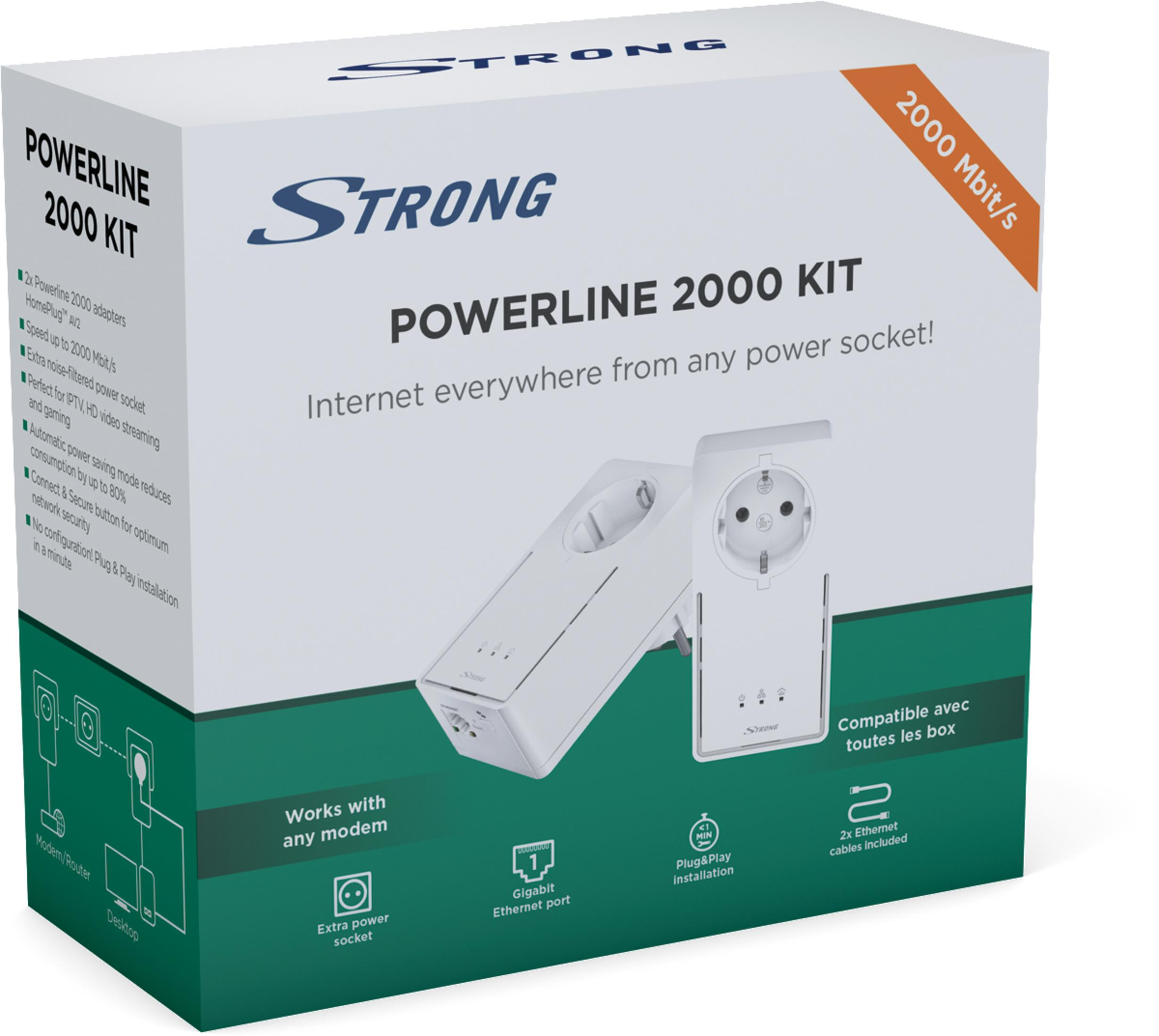 Strong Powerline 2000 Kit Box. Weiß mit Text, zwei Adaptern und einer Gebrauchsanleitung.