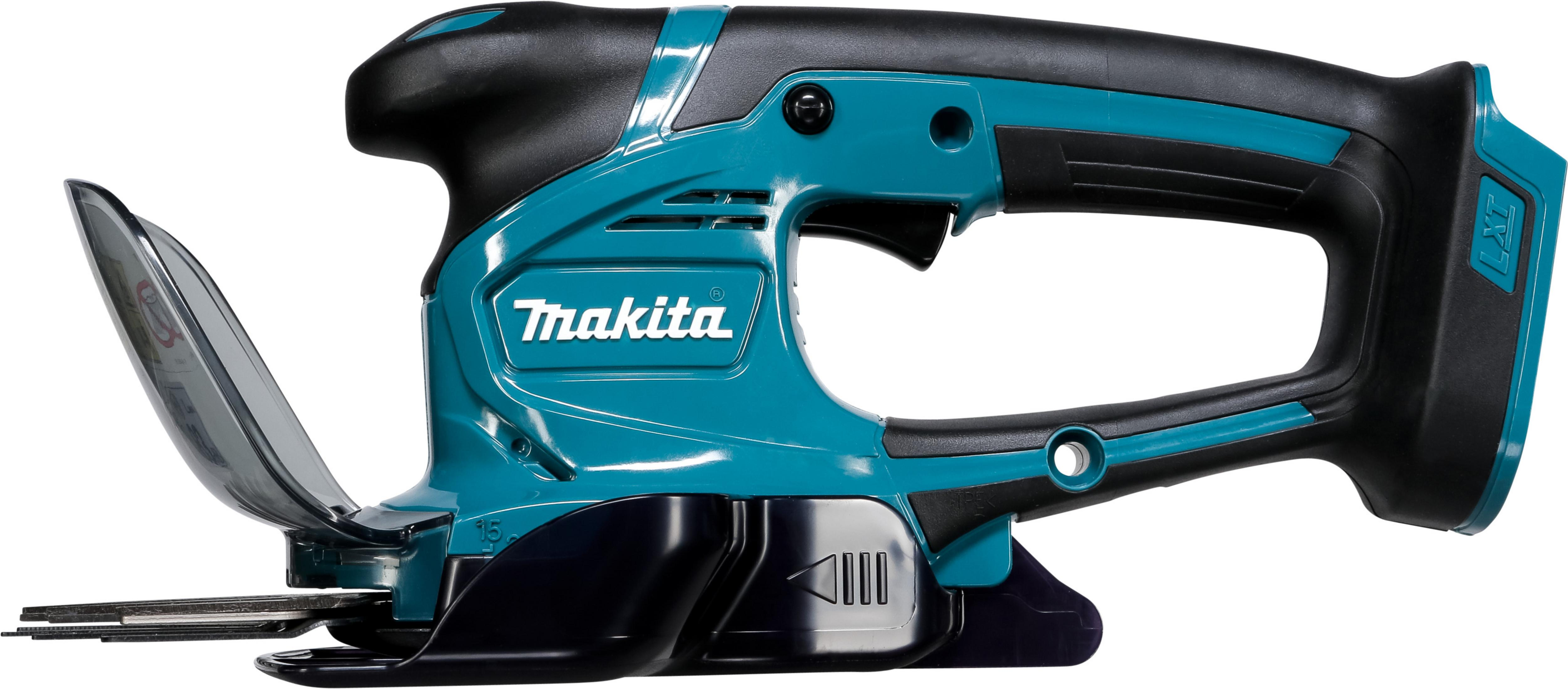 Cortasetos inalámbrico Makita turquesa y negro. Cuchillas, mango y batería visibles.
