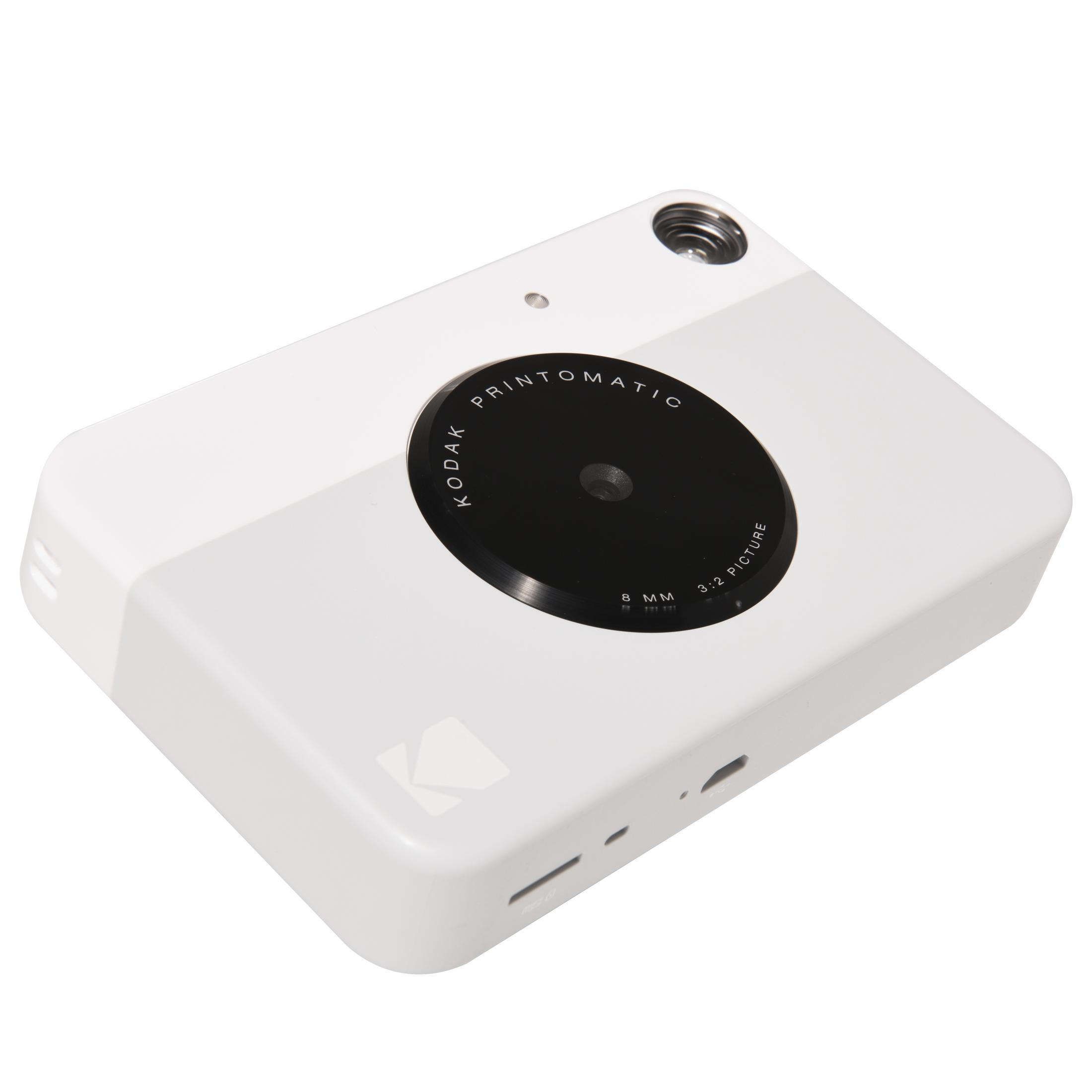Biały aparat Kodak Printomatic. Czarny obiektyw i detale. Izolowany na białym.