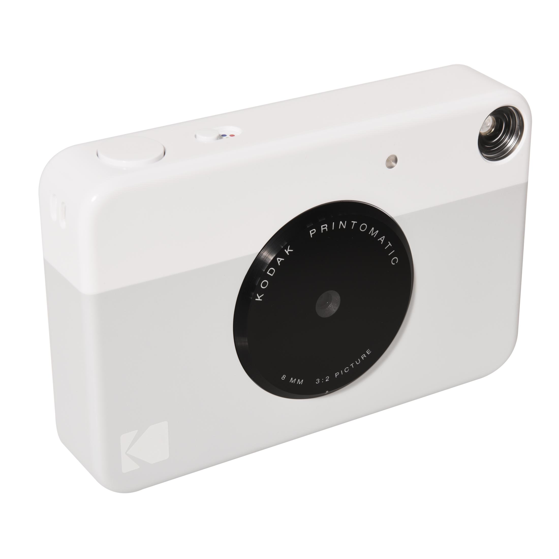 Biały aparat Kodak Printomatic. Posiada czarny obiektyw, nazwę marki i oznaczenie 8mm.