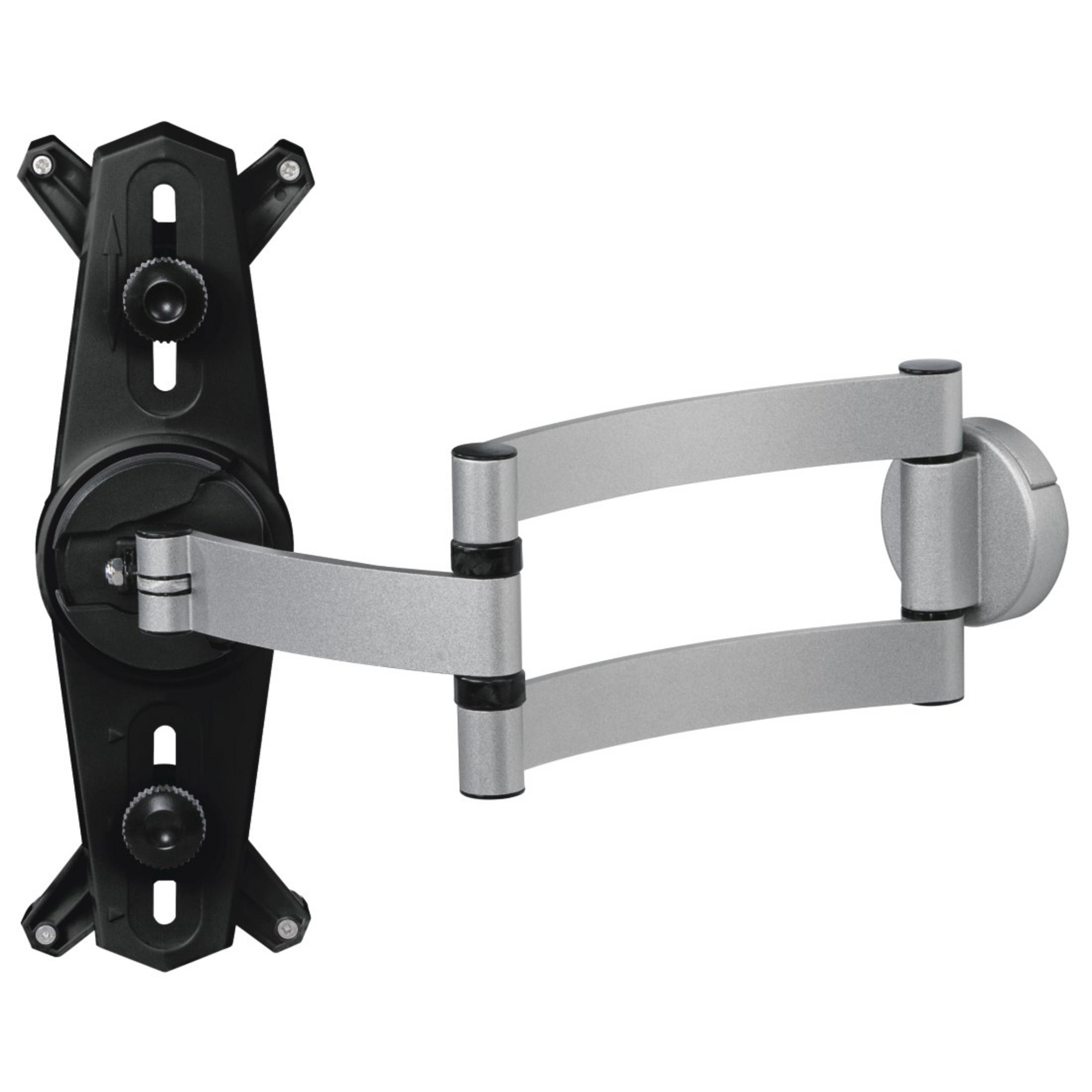 Srebrno-czarny uchwyt do telewizora. Uchwyt ma dwa ramiona i jest przymocowany do ściany.