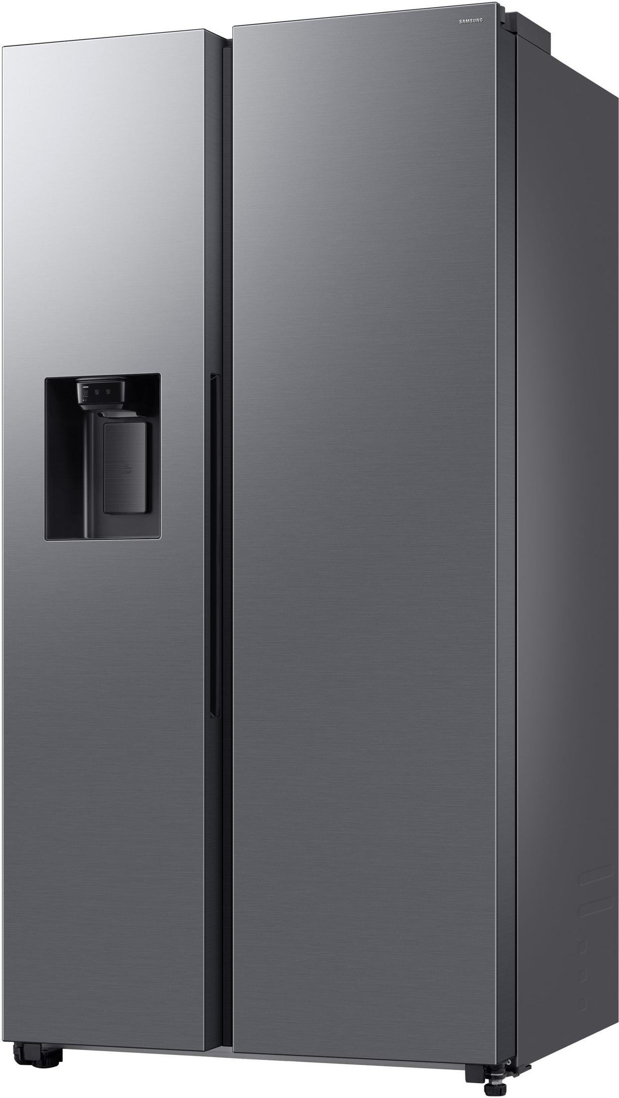 Ein Side-by-Side-Kühlschrank mit Wasserspender. Er ist grau und hat zwei Türen.