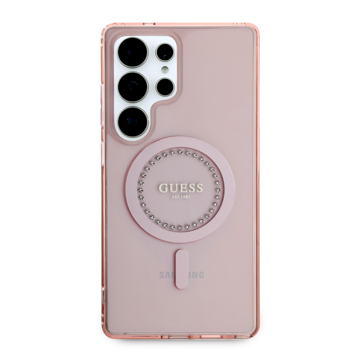 Handyhülle. Pinkes Gehäuse. Guess-Logo mit Strasssteinen auf der Rückseite. Samsung-Telefon.