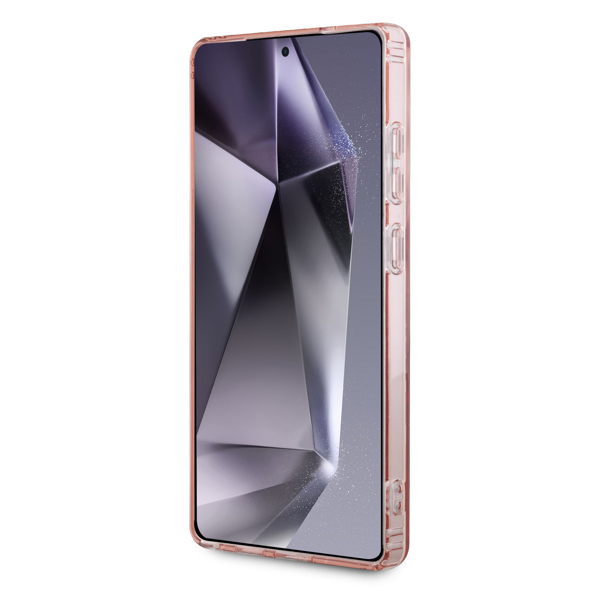 Ein Telefon in einer rosa Hülle. Das Telefon zeigt ein geometrisches Muster.