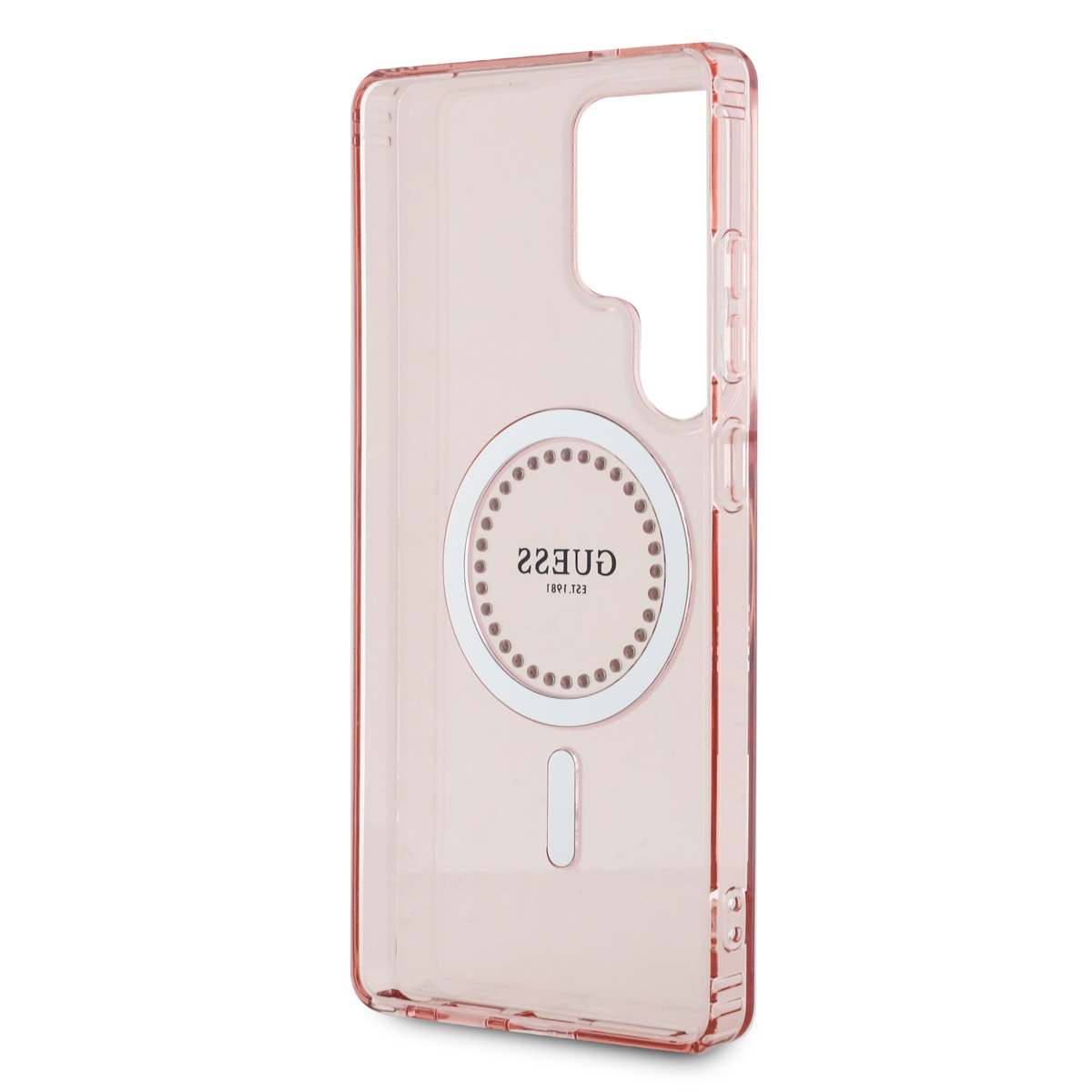 Transparente, rosa Handyhülle mit Guess-Logo. Die Hülle ist transparent mit rosa Rand.