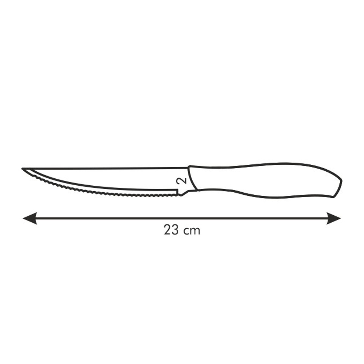 Ein Steakmesser mit gezahntem Rand. Länge: 23 cm. Hintergrund: weiß.