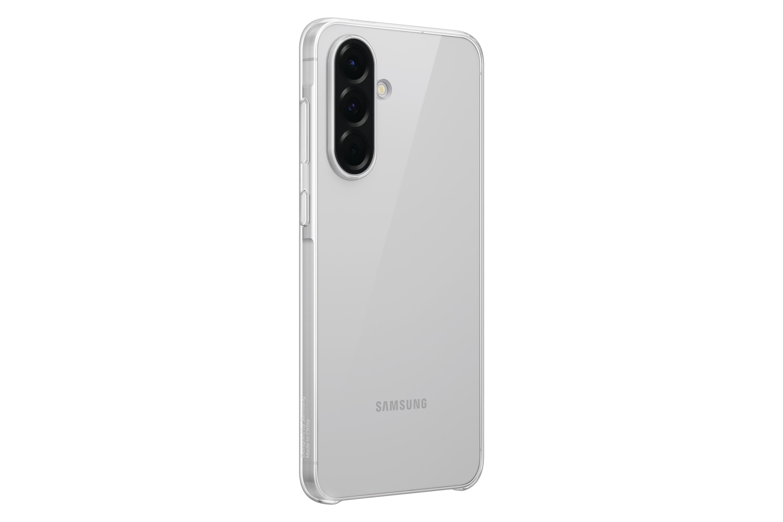 Una custodia trasparente su un telefono bianco, vista posteriore, che mostra la configurazione della fotocamera del telefono.