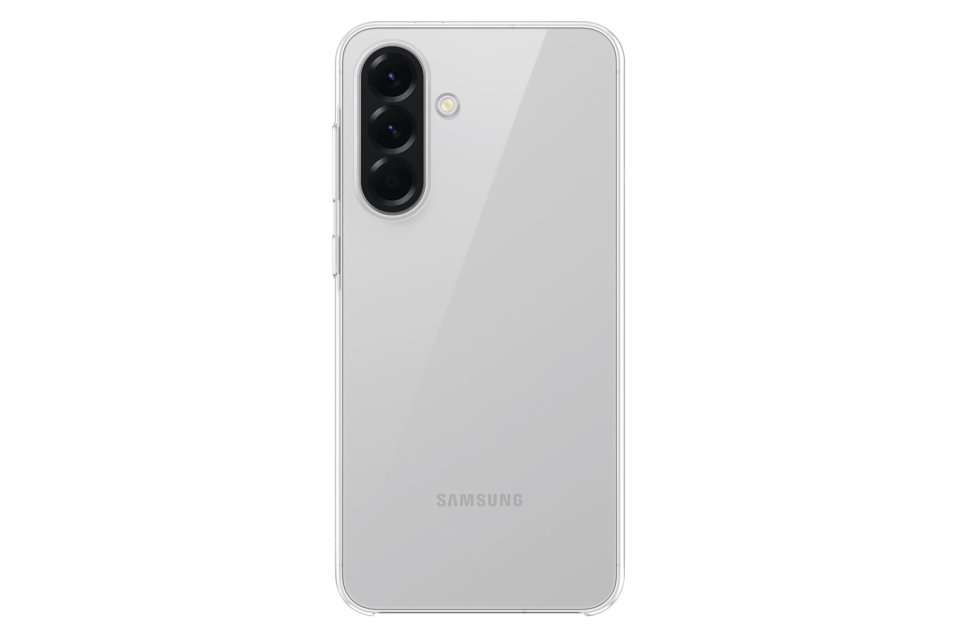 Uno smartphone bianco con tre obiettivi della fotocamera sul retro. Il telefono è trasparente.