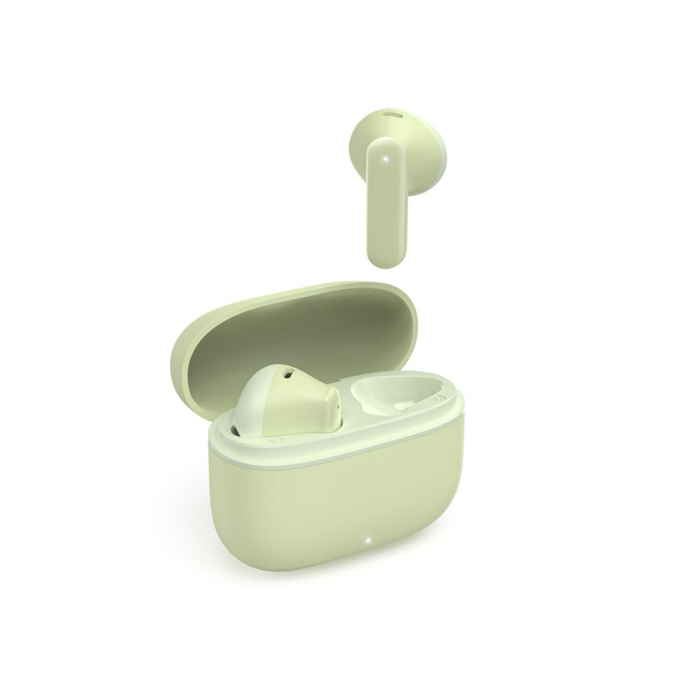 Jasnozielone słuchawki w etui, jedna na zewnątrz. Białe tło. Etui otwarte, słuchawki widoczne.