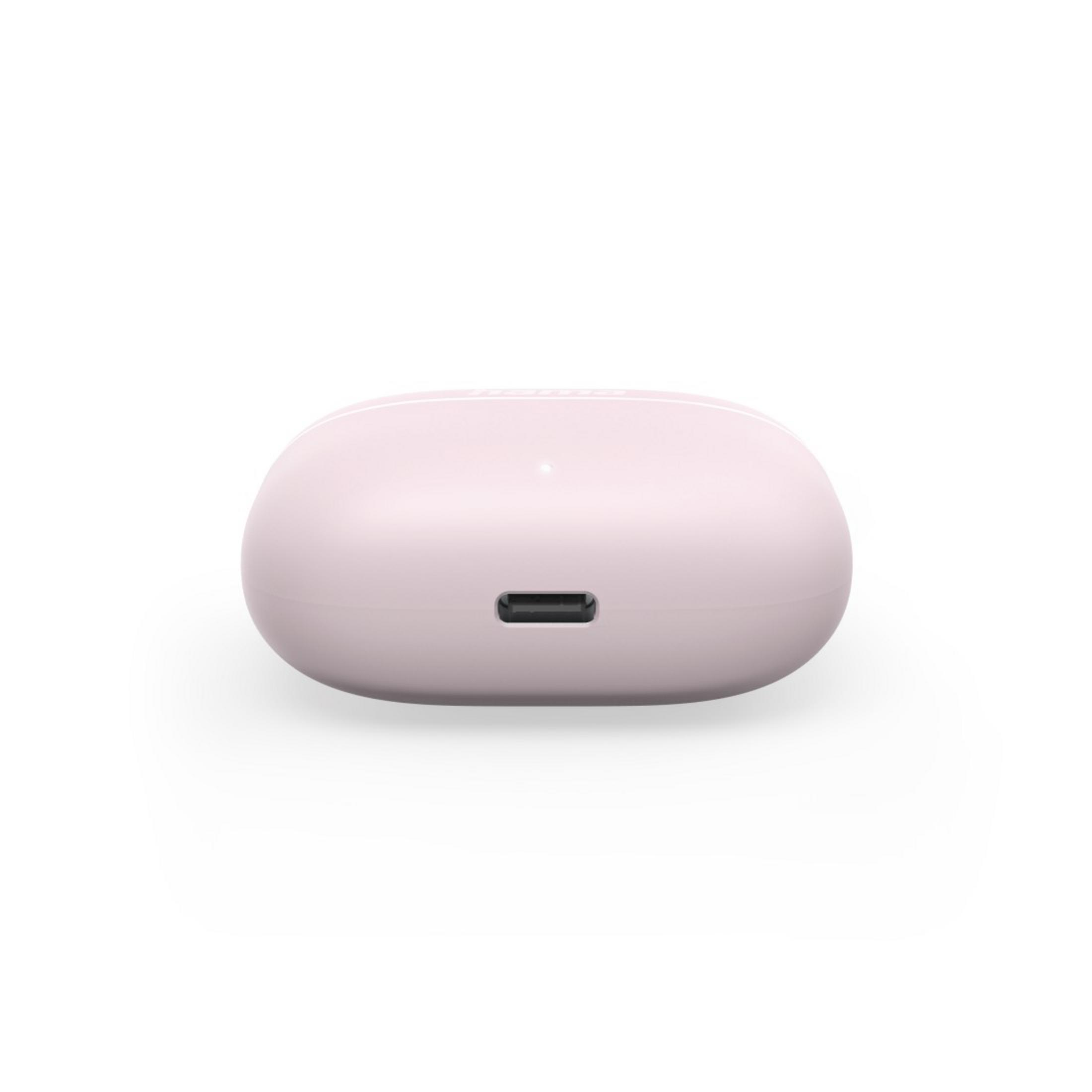 Różowe etui ładujące do słuchawek dousznych, z portem ładowania na dole.