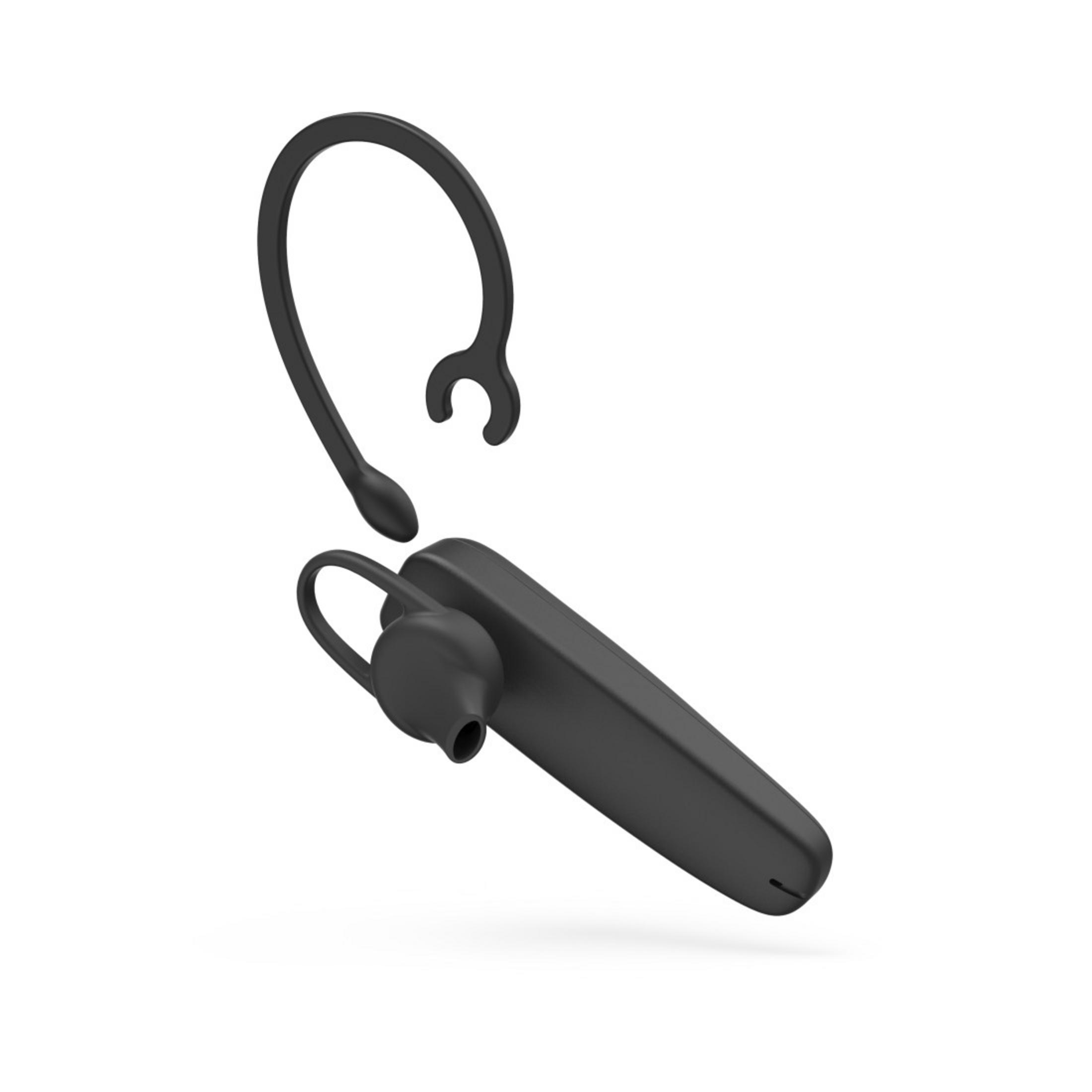 Auricular negro con gancho curvo para la oreja y micrófono. Aislado sobre un fondo blanco.