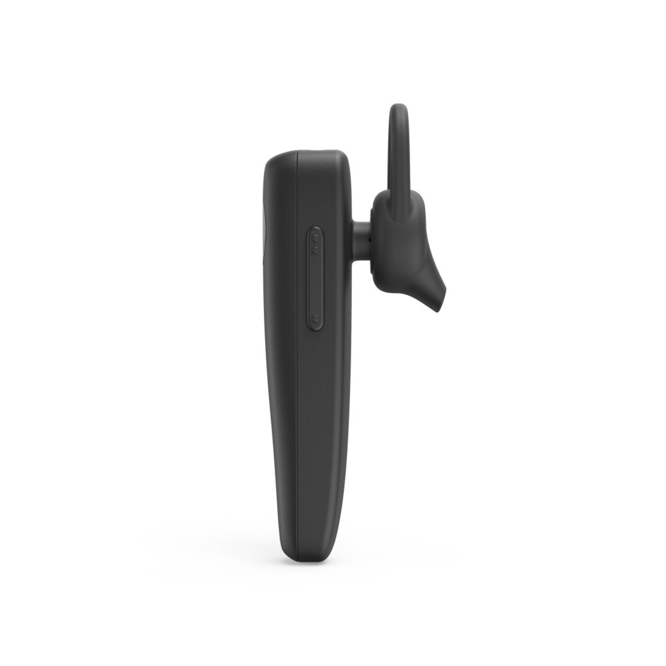 Auricular Bluetooth negro sobre fondo blanco. Incluye gancho para la oreja y botones.