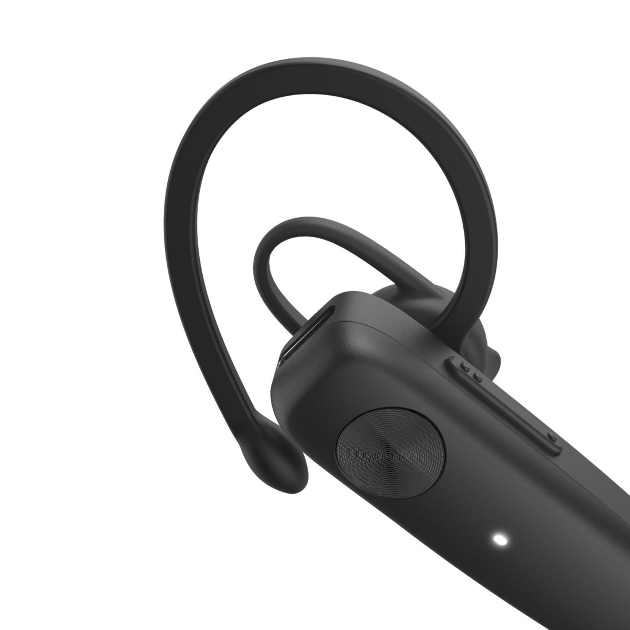 Un auricular inalámbrico negro con un gancho para la oreja curvado y un botón. El fondo es blanco.