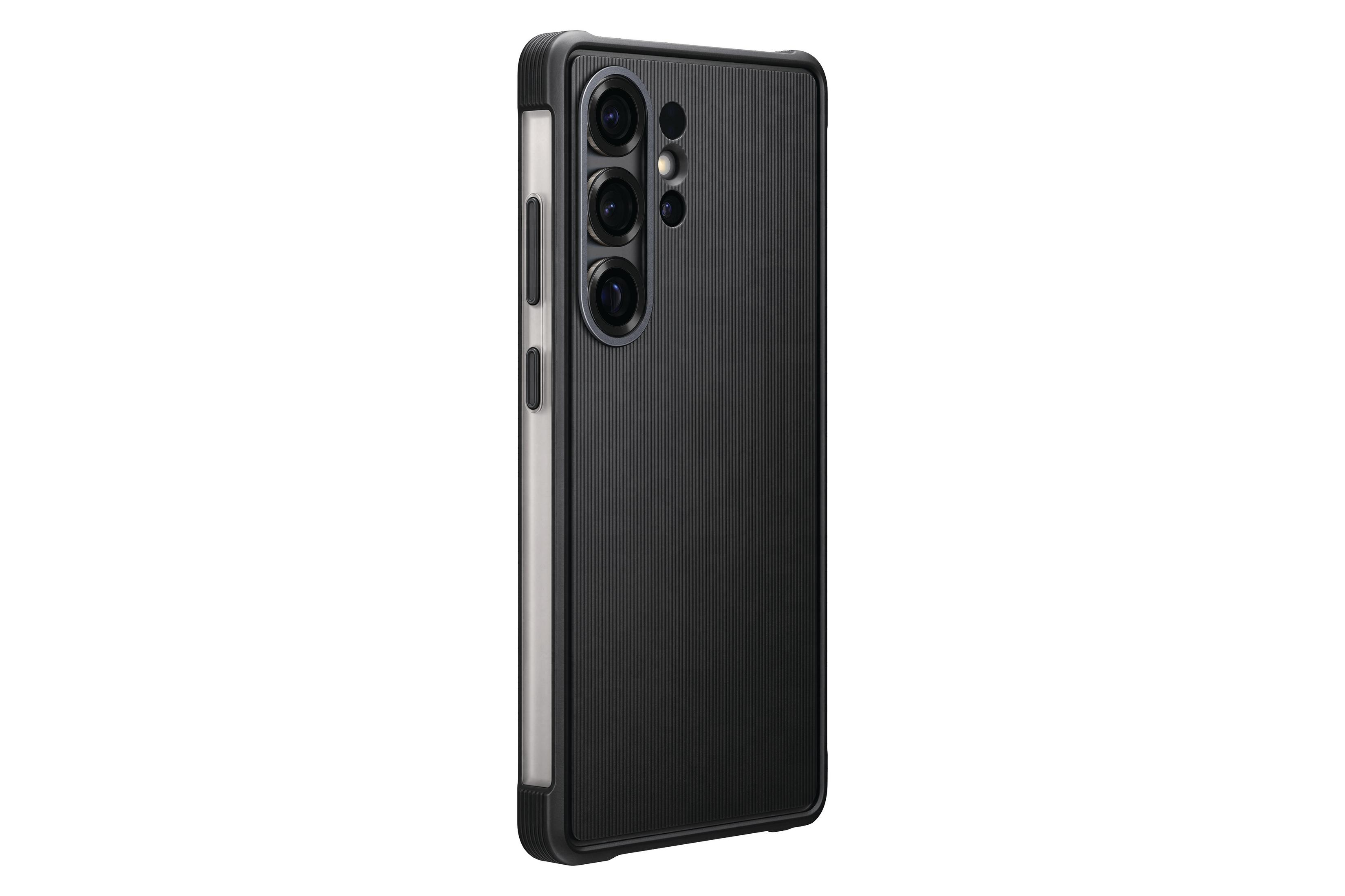 Zwarte telefoon met een getextureerde achterkant. Drie cameralenzen en een flitser zijn zichtbaar.