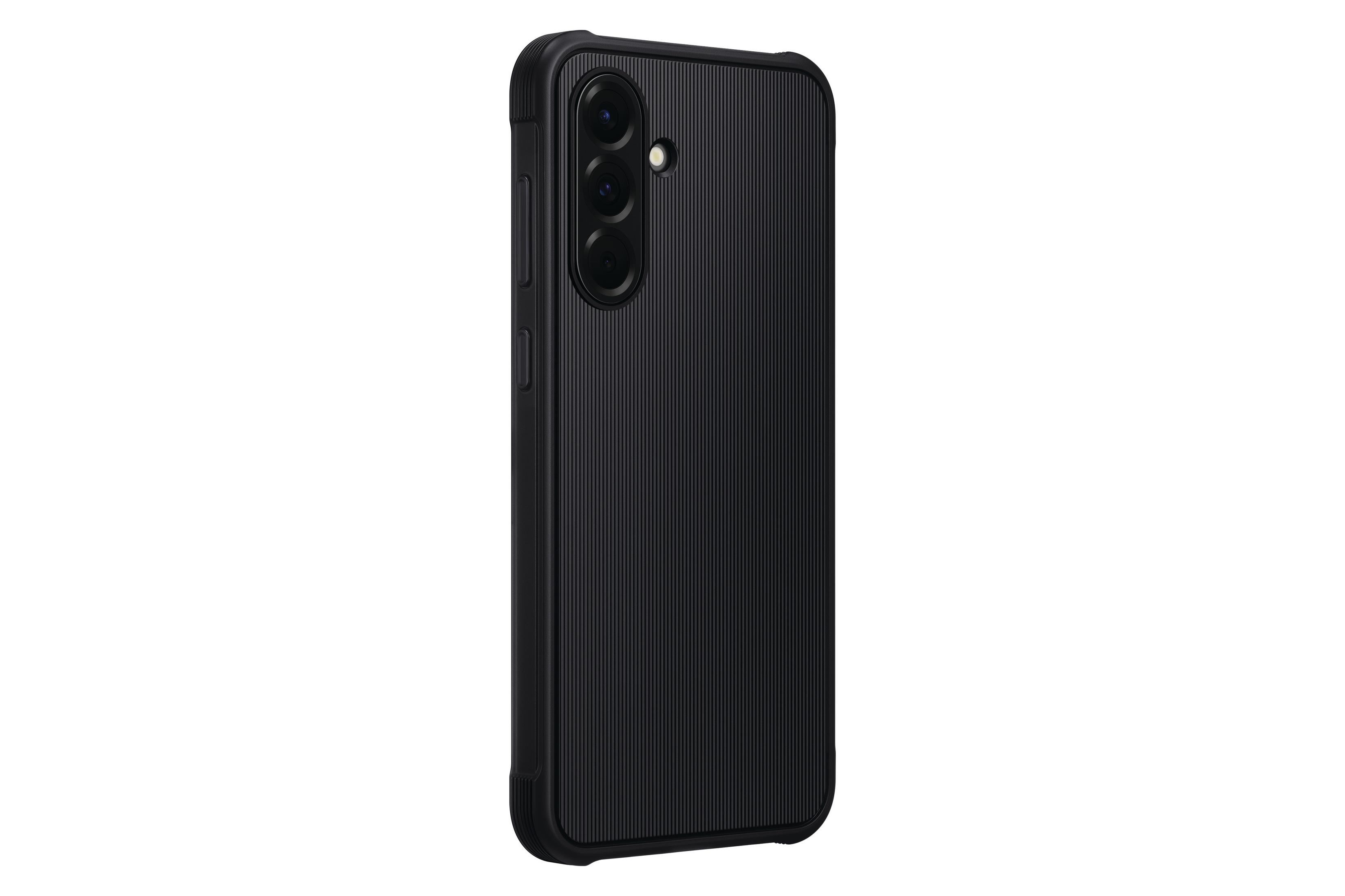 Coque de téléphone noire avec des lignes verticales et trois objectifs.