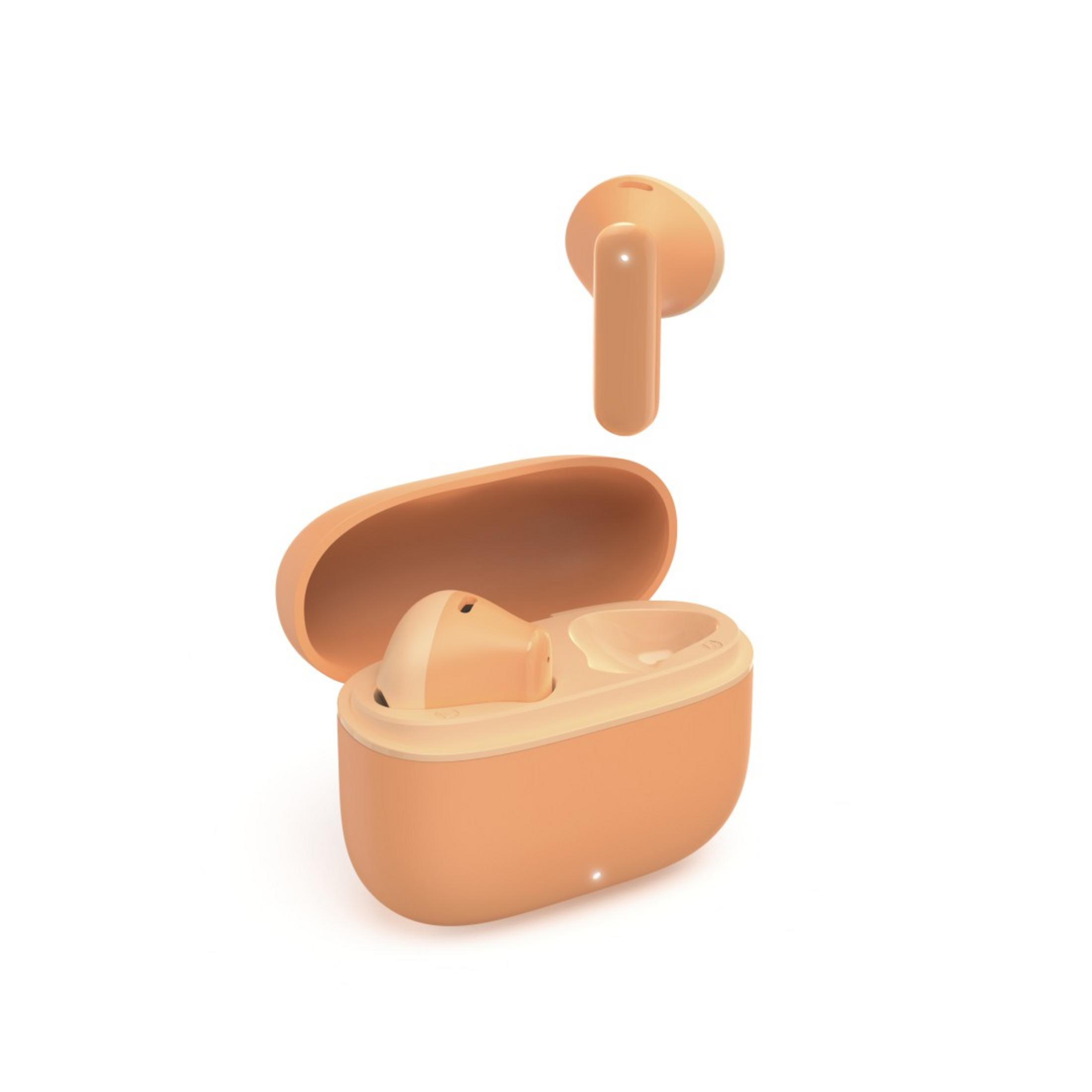 Pomarańczowe słuchawki i etui ładujące. Jedna słuchawka oddzielona od etui, na białym tle.