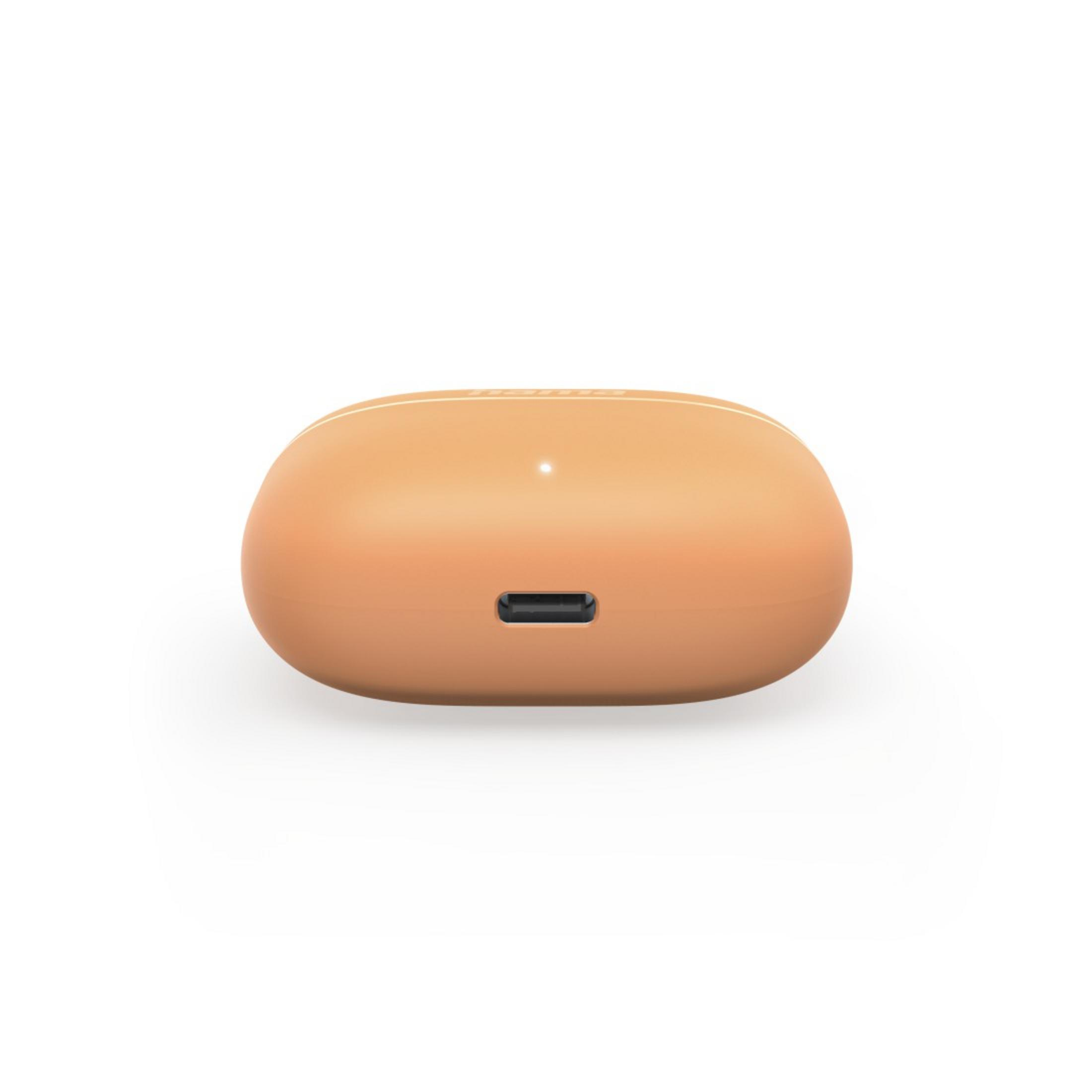 Etui do ładowania słuchawek w kolorze beżowym z portem USB. Jest na białym tle.