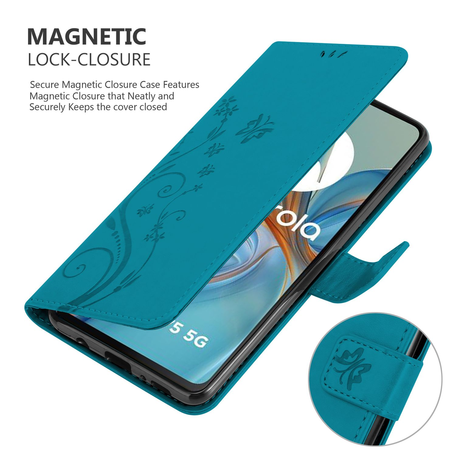 Geöffnete türkisfarbene Handyhülle, mit Handy im Inneren. Text: Motorola. Hintergrund: weiß.