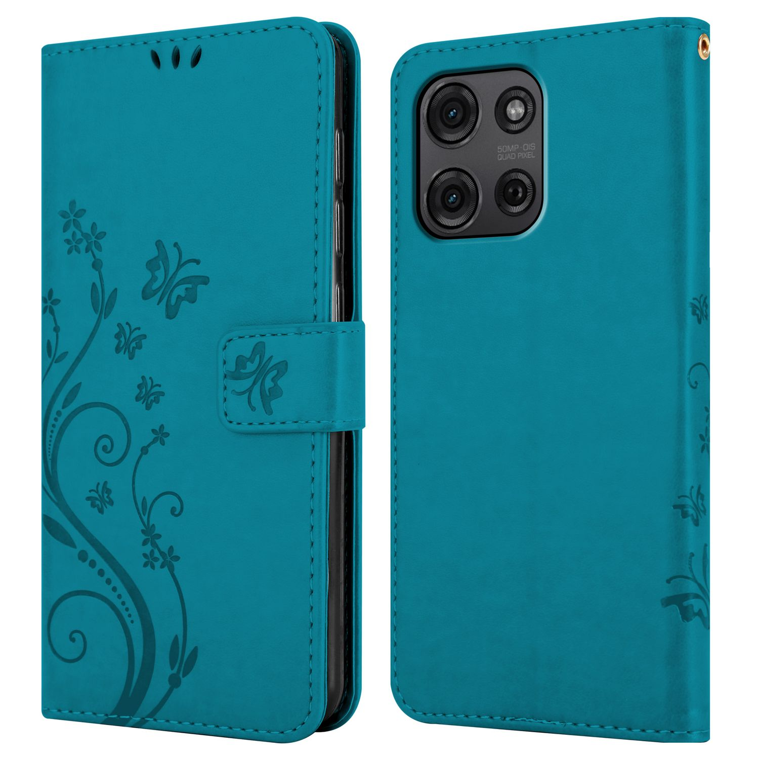 Eine türkisblaue Handyhülle offen mit Handy, mit floralem Design und Schmetterling.