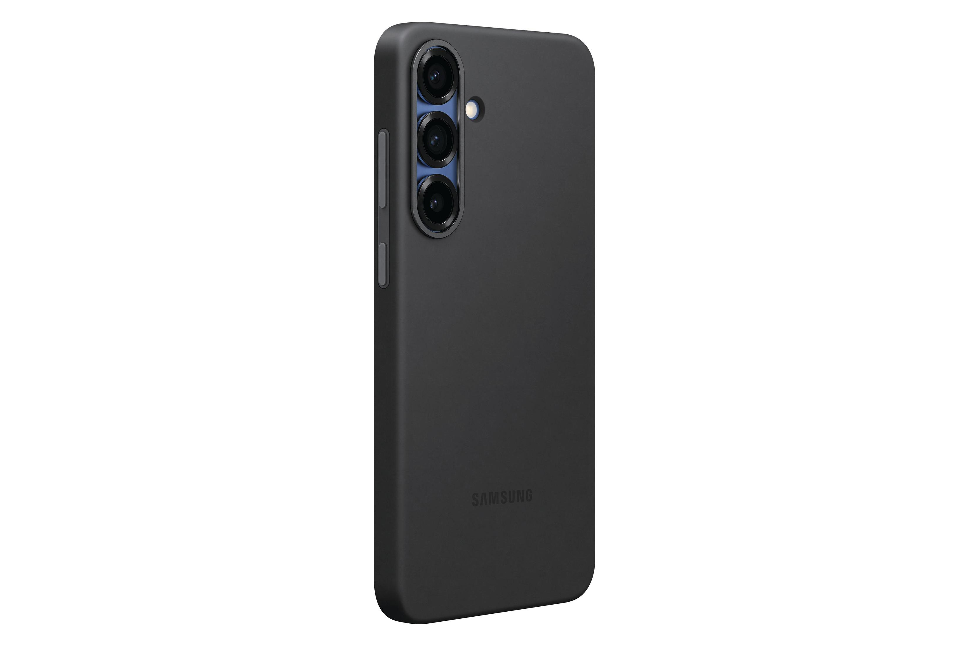 Custodia nera per telefono Samsung, con tre fotocamere posteriori.