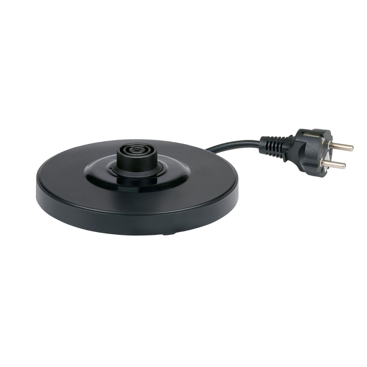 Socle noir avec cordon d'alimentation et prise pour une bouilloire électrique, sur fond blanc.