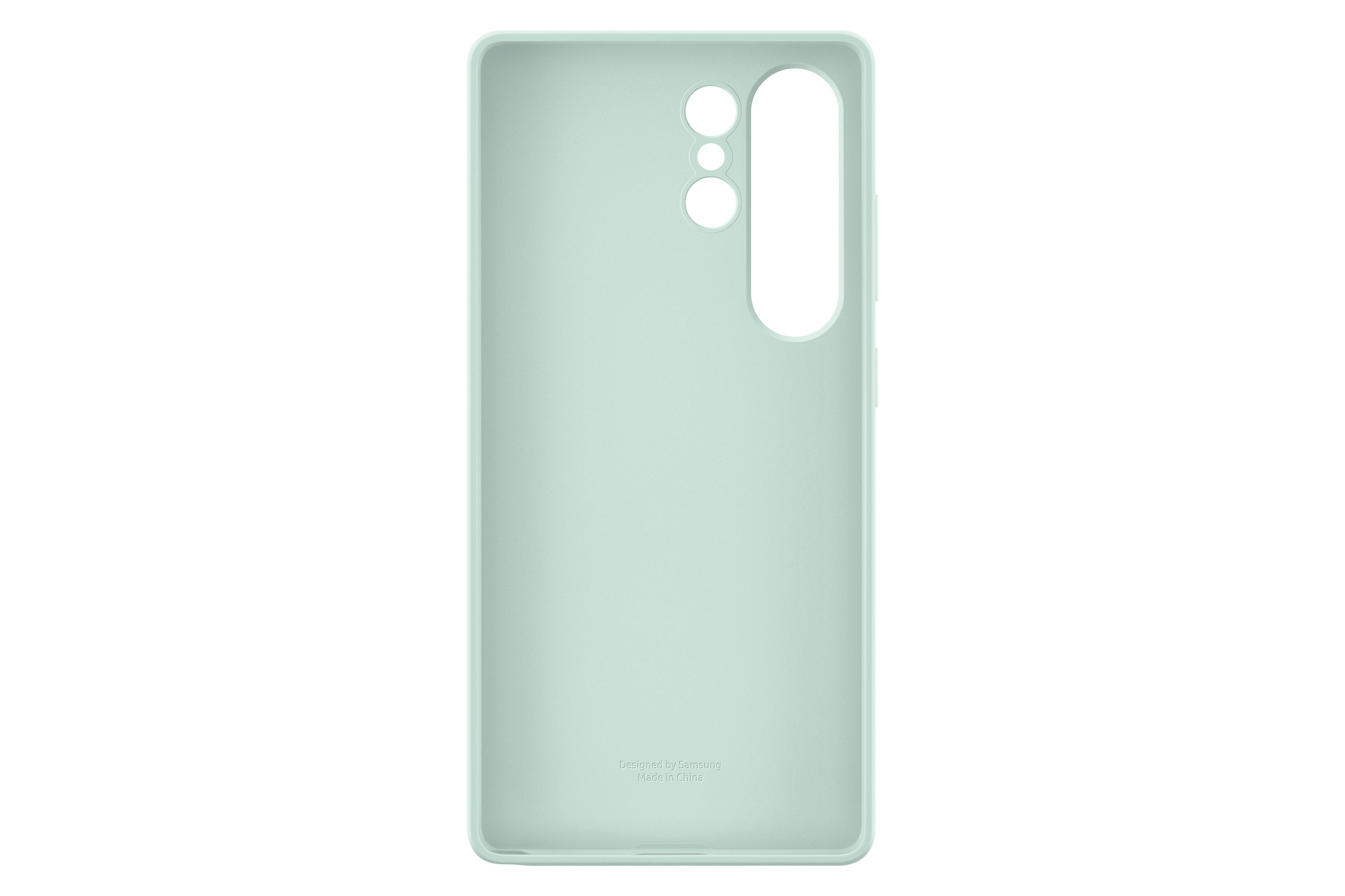 Miętowe etui na telefon, widok z tyłu, z wycięciem na aparat i tekstem marki na dole.