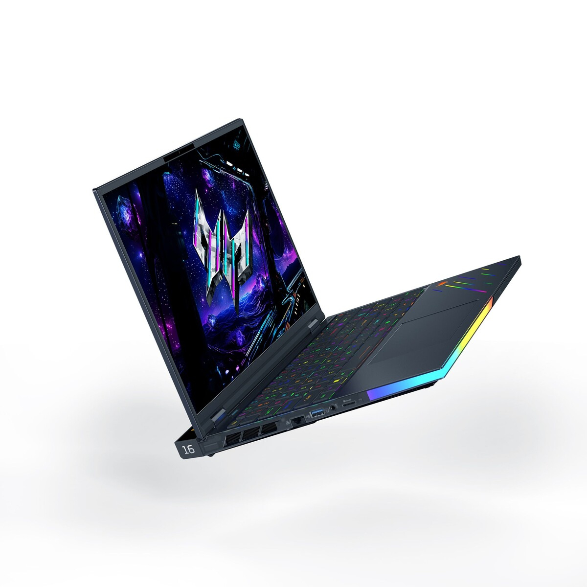 A gaming laptop with a vibrant screen and colorful keyboard, angled on a white surface.