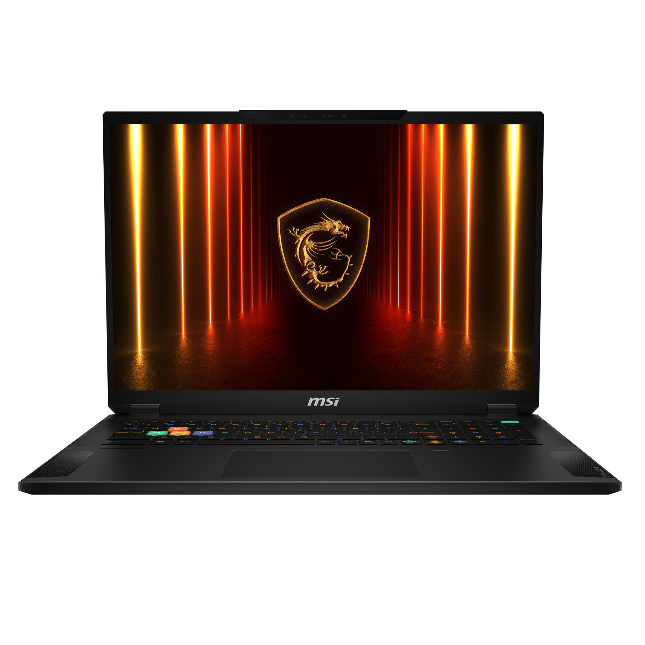 Czarny laptop z jasnym ekranem wyświetlającym kolorową grafikę. Tło jest białe.