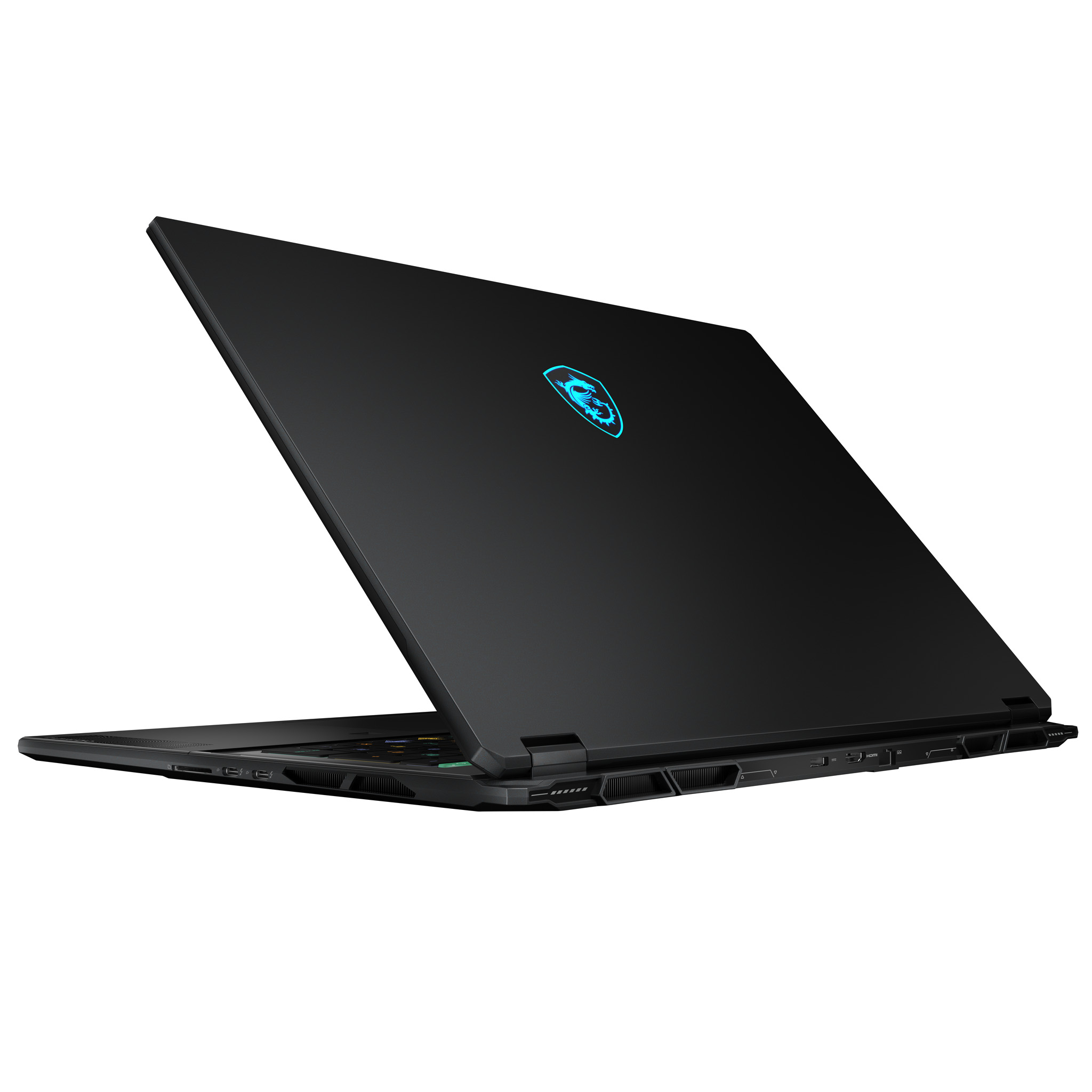 Czarny laptop z otwartym ekranem. Logo MSI widoczne jest z tyłu.