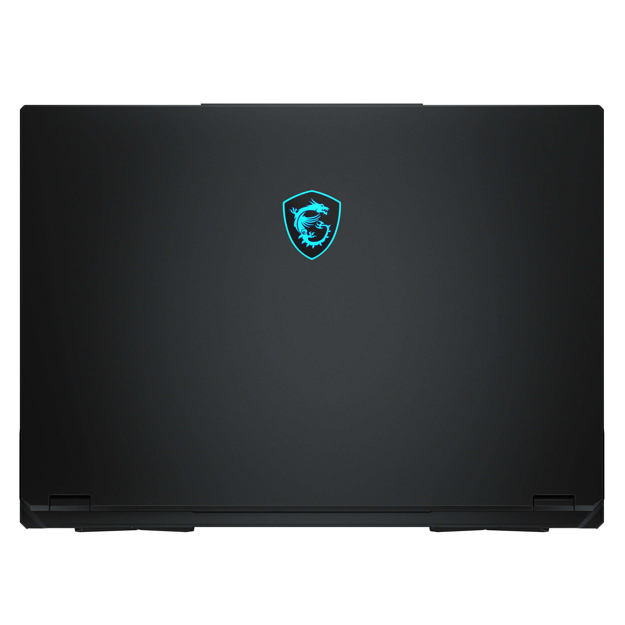Czarny laptop, widok z góry z podświetlonym na niebiesko logo MSI. Tło białe.