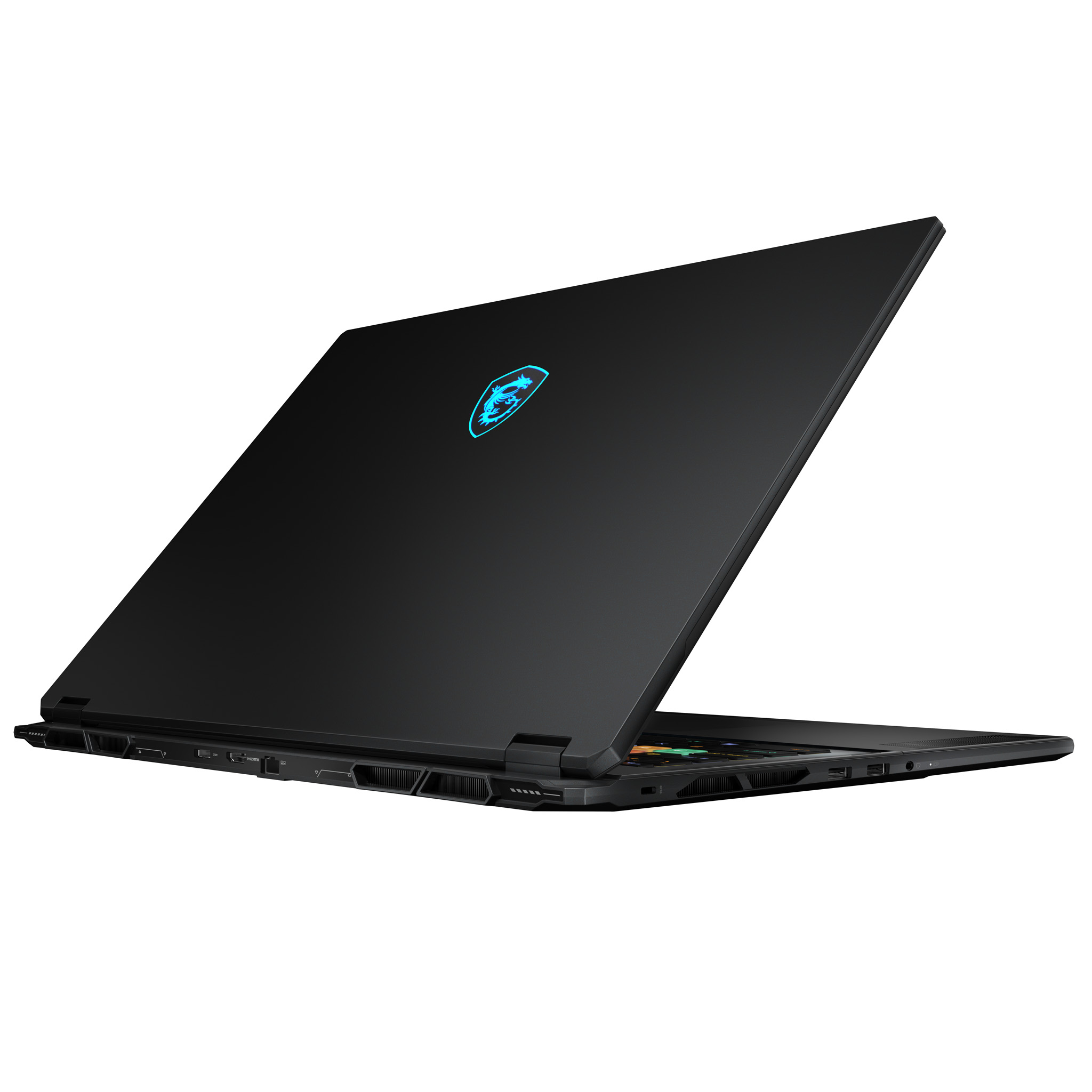 Czarny laptop z otwartym ekranem. Logo MSI podświetlone na niebiesko.