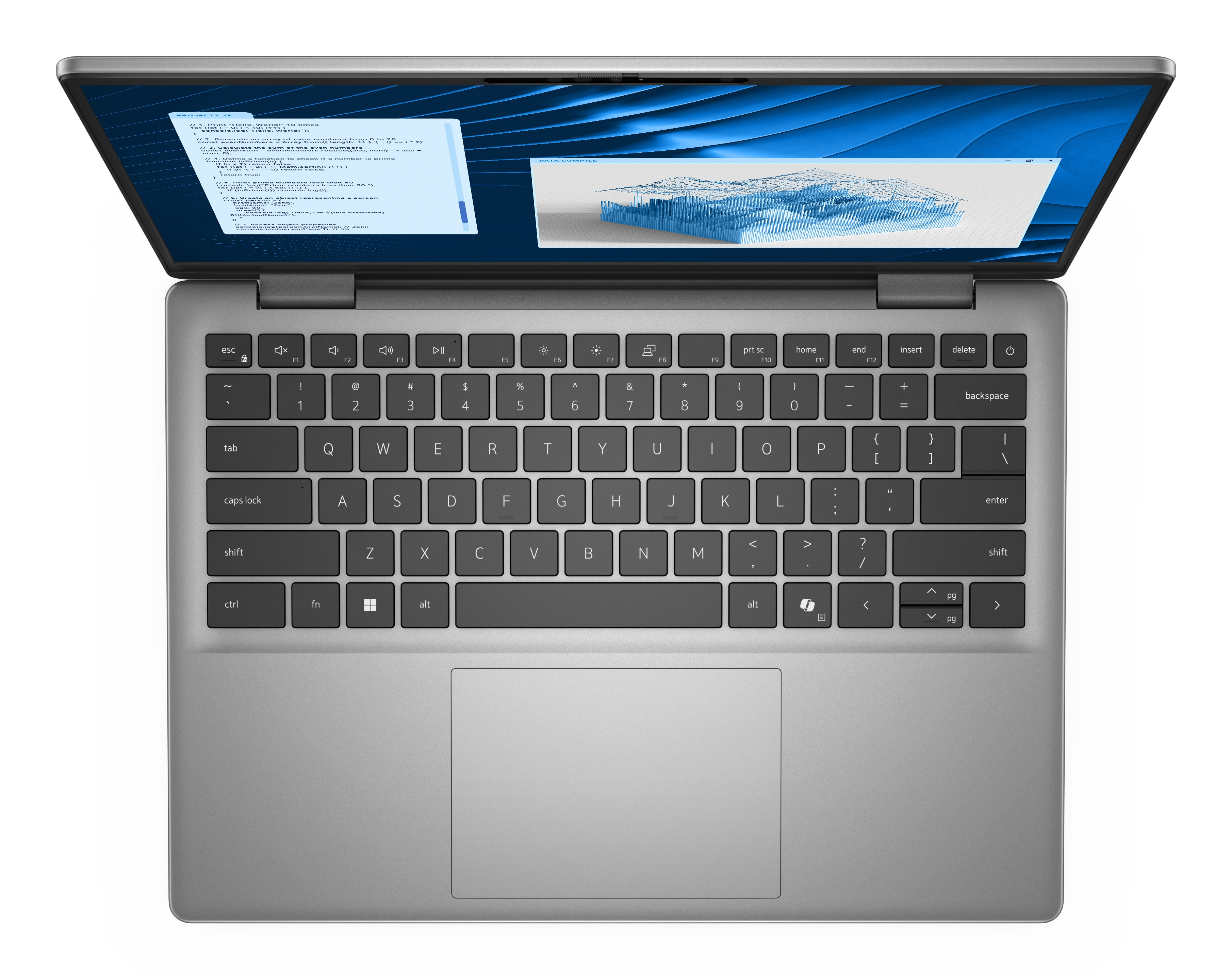 Laptop jest otwarty, wyświetlając interfejs kodowania na górnym ekranie i niebieski wykres.