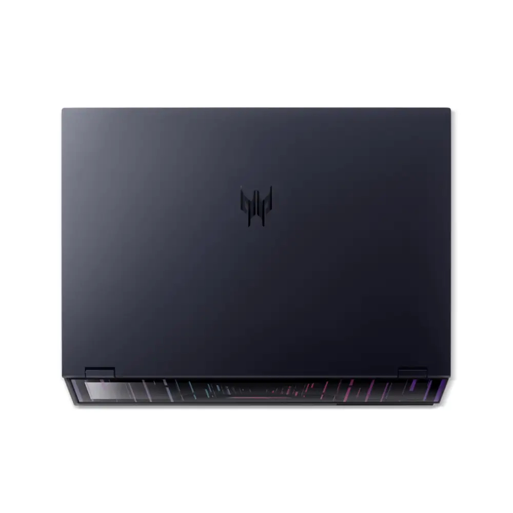 Top view of a black laptop with glowing lights on the back and bottom.