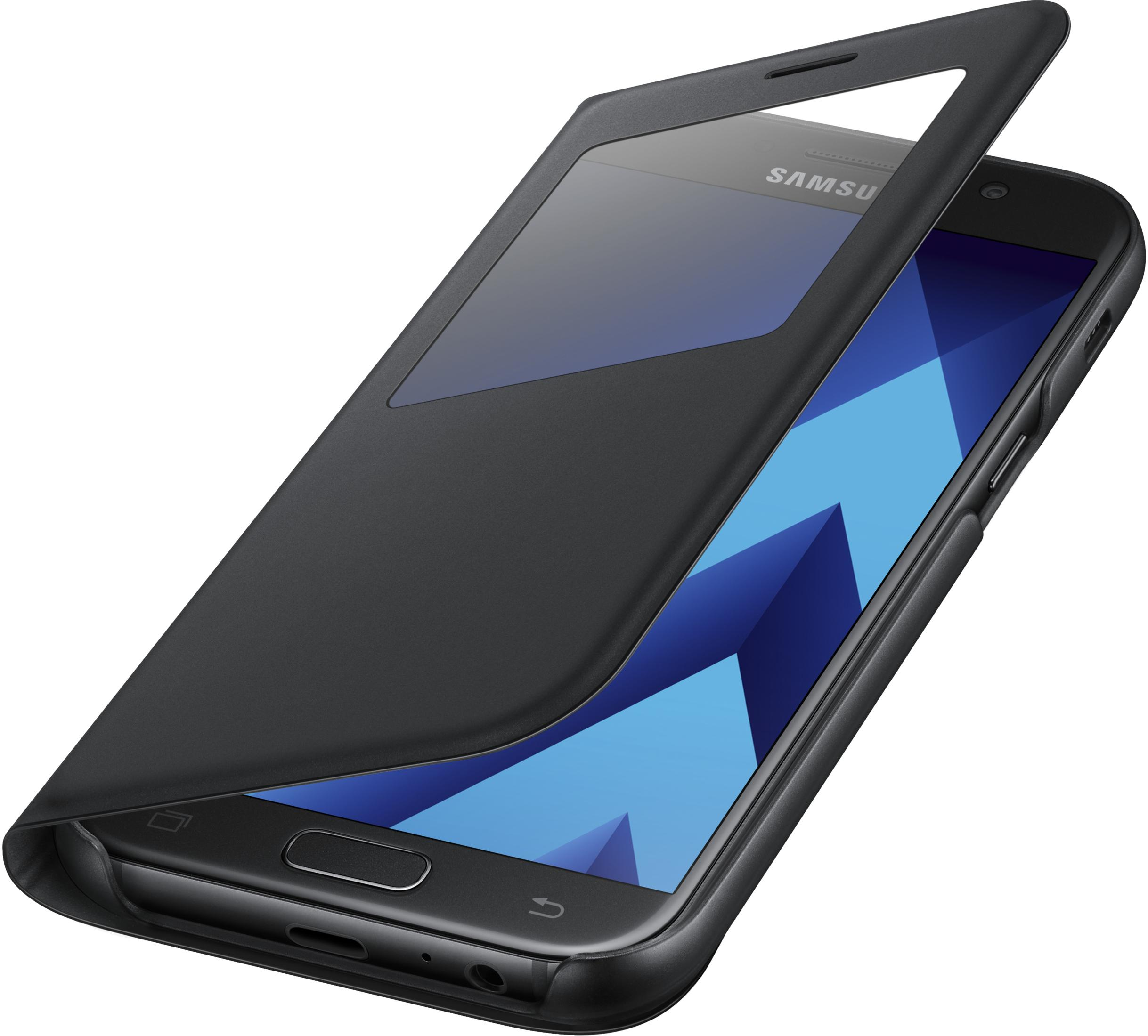 Funda negra con solapa abierta, mostrando una pantalla azul. Samsung es visible en la parte superior.