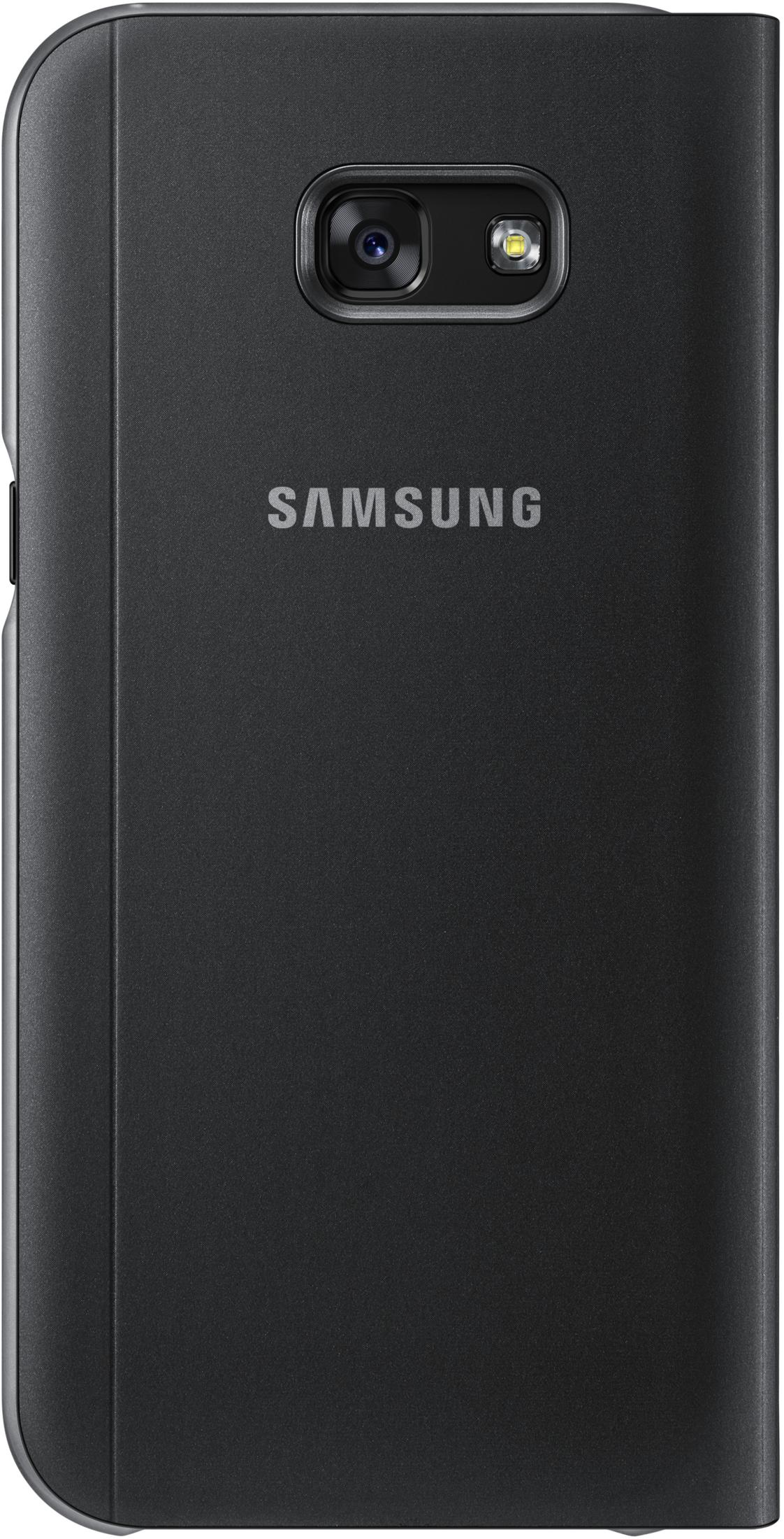 Funda negra para teléfono Samsung. La parte trasera tiene cámara, flash. Nombre de la marca centrado.