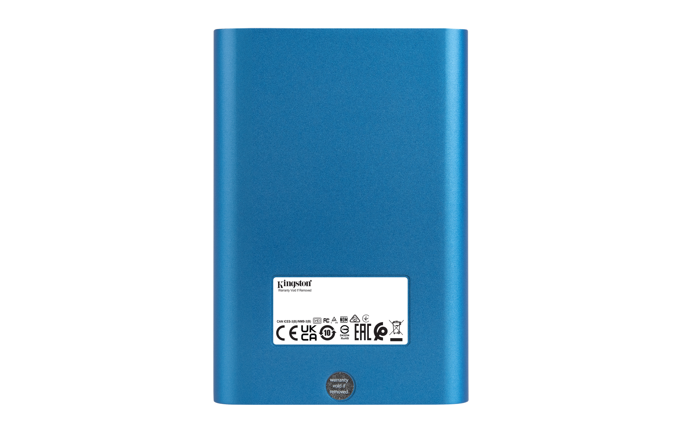 Eine blaue externe Festplatte mit einem Kingston-Etikett und einem Garantieaufkleber. Weißer Hintergrund.