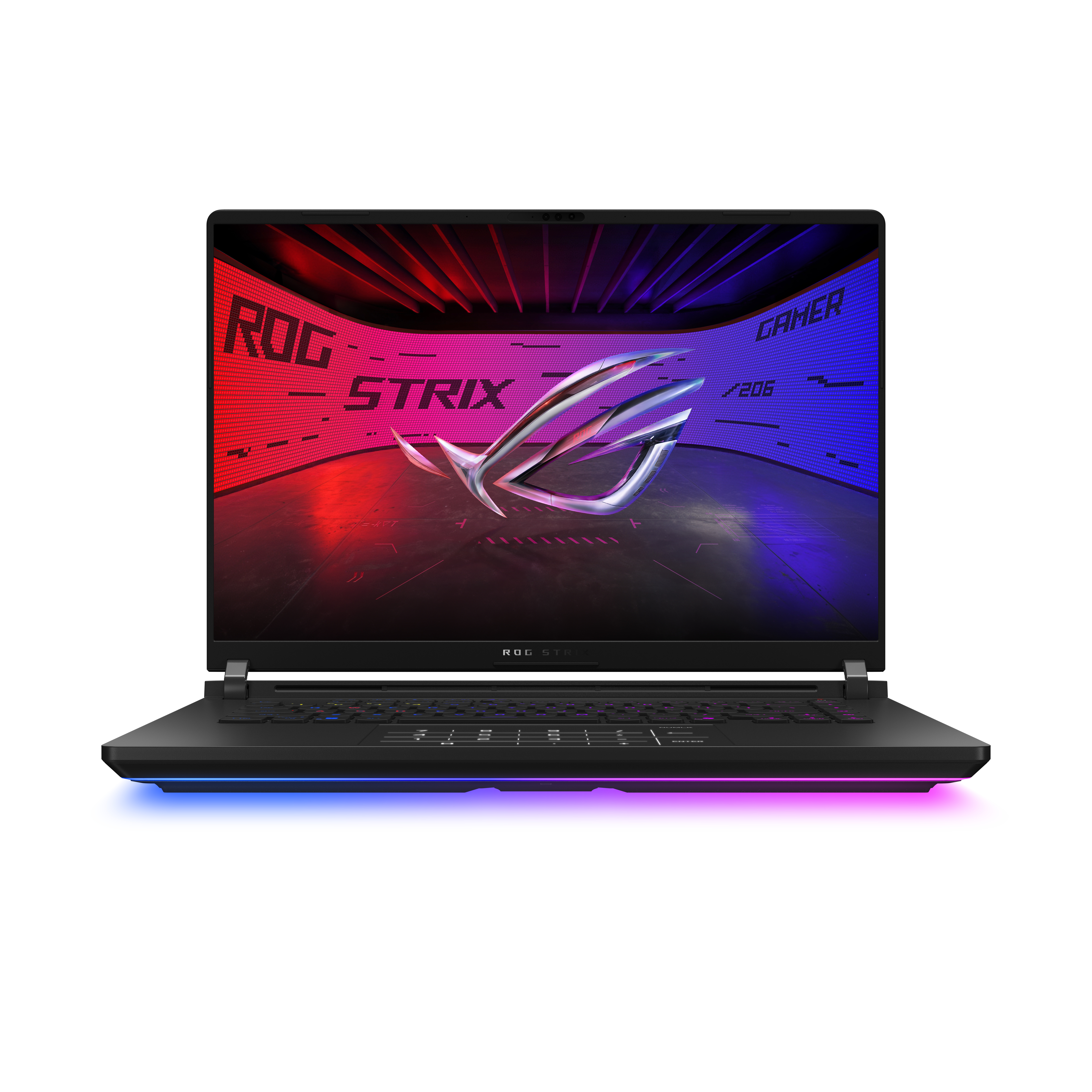 Black laptop with RGB lighting.  It has the ROG Strix logo on the screen.  Angled view.