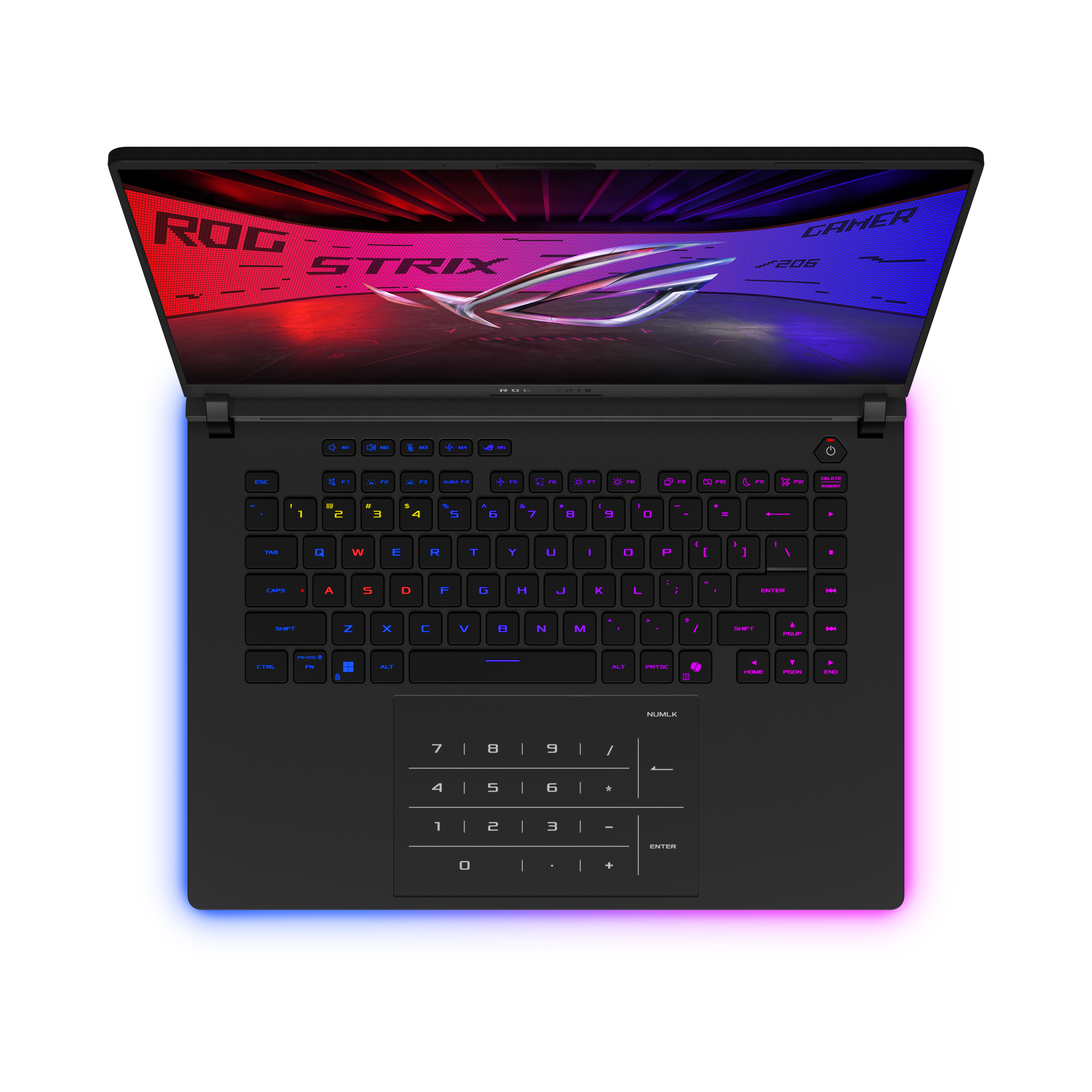 Laptop with an open lid, backlit keyboard and a colorful display.
