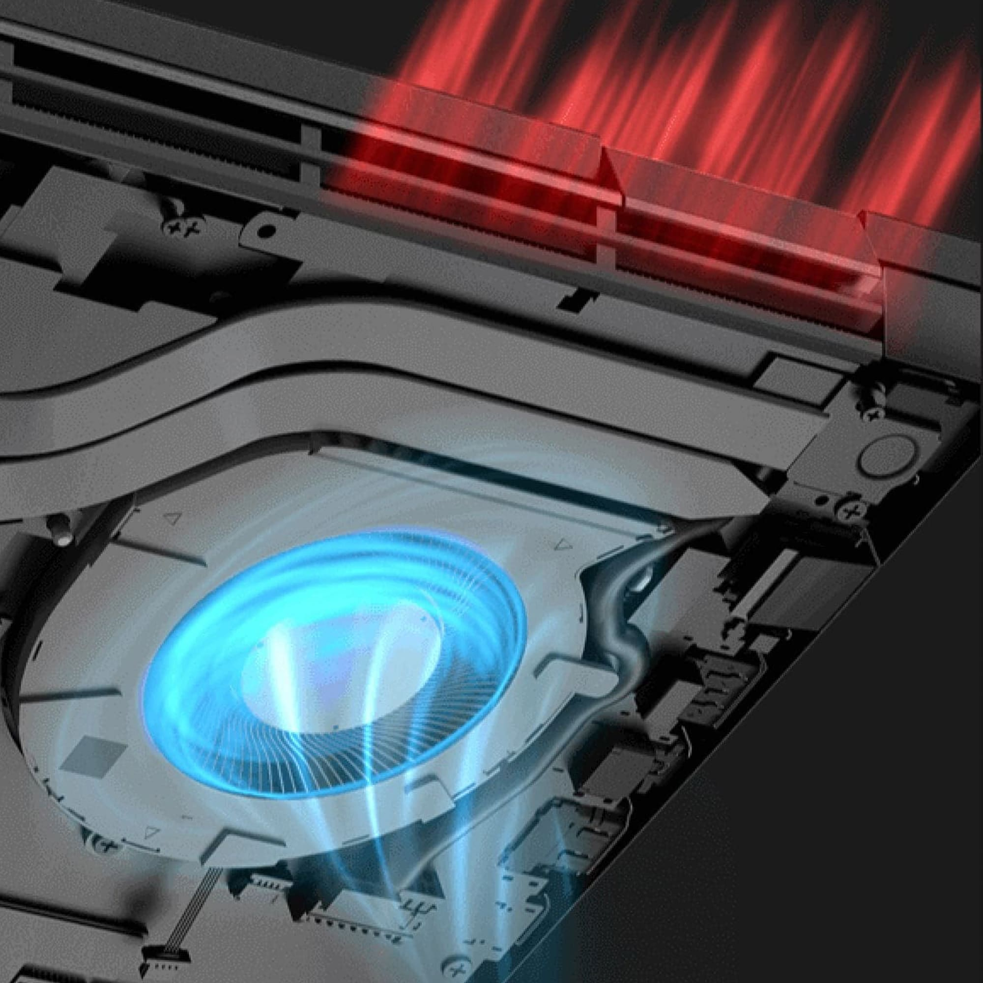 Gros plan de l'intérieur d'un ordinateur portable avec un ventilateur éclairé en bleu et des évents chauffants éclairés en rouge. Cadre en métal noir.