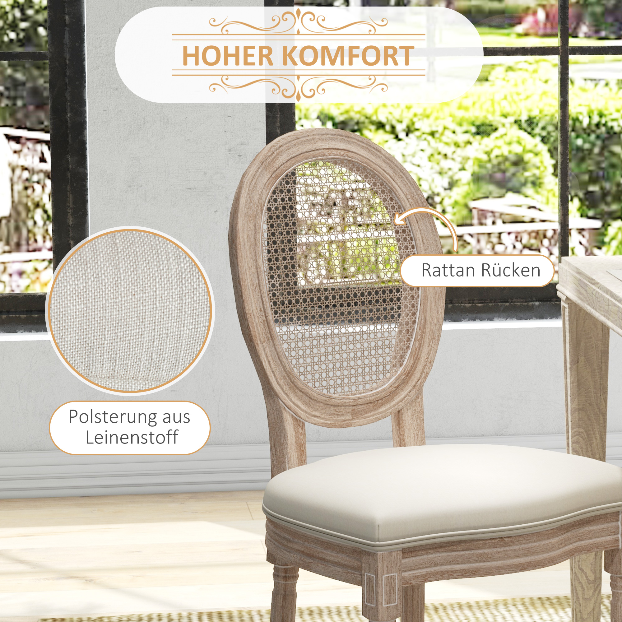 Ein Holzstuhl mit gewebter Rückenlehne und einem weißen, gepolsterten Sitz. Der Text sagt: 'Hoher Komfort'.