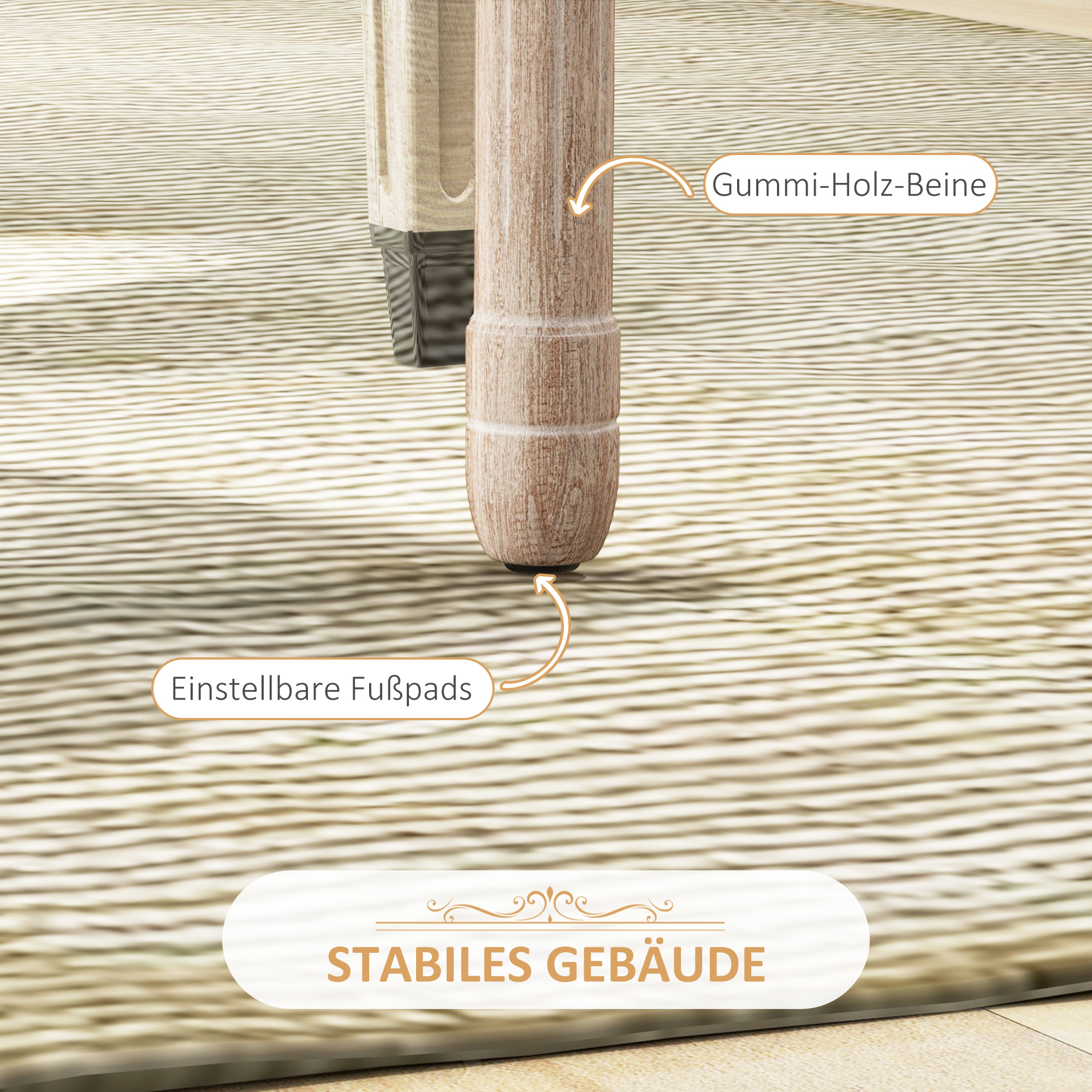Der Fuß eines Holzstuhls, der die Beine und verstellbare Fußpads auf einem gestreiften Teppich zeigt.