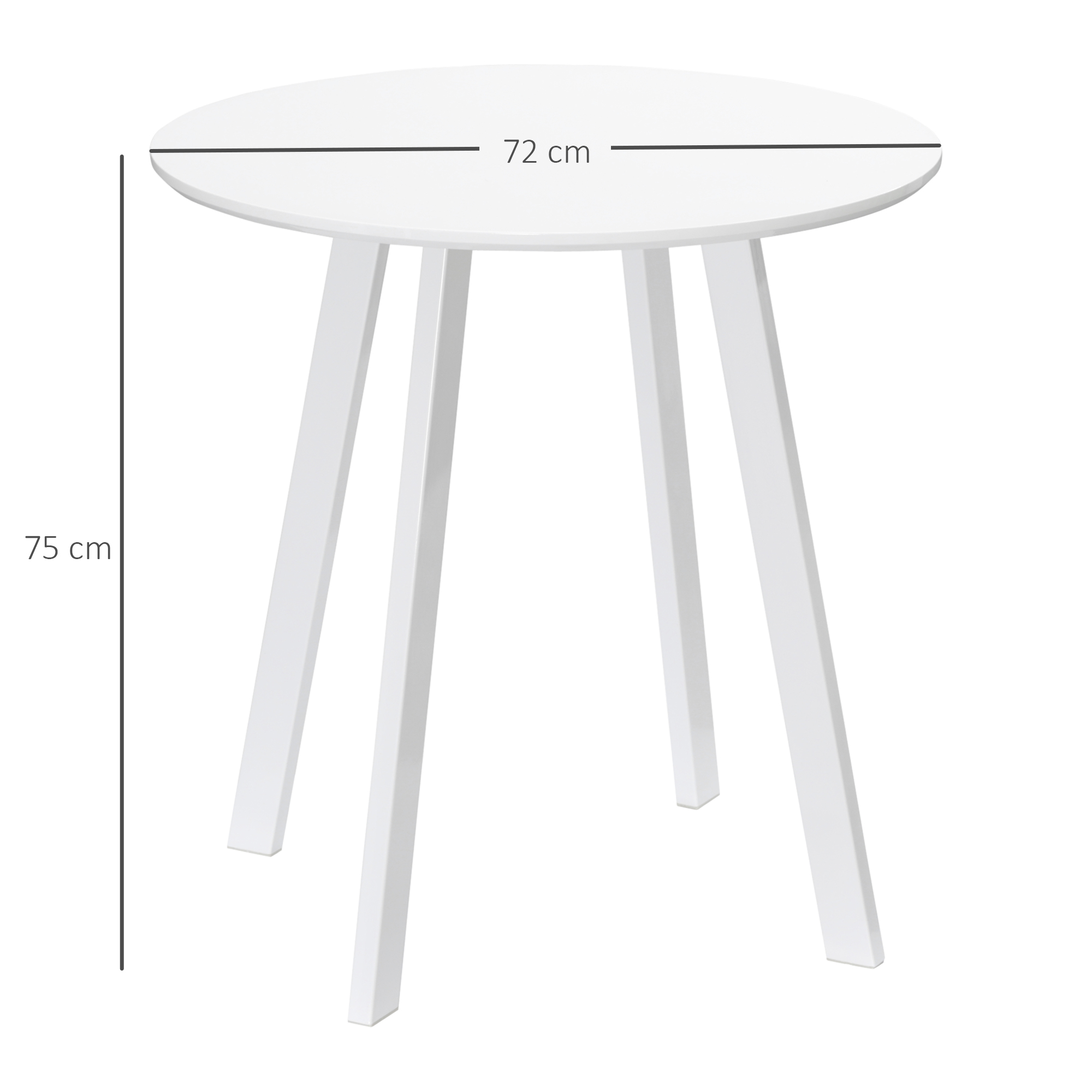 Ein weißer runder Tisch mit drei Beinen, 72 cm Durchmesser und 75 cm hoch.