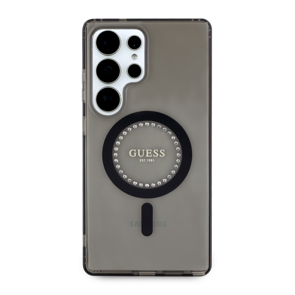 Eine Guess-Handyhülle auf einem Telefon, mit schwarzem Kreis und Guess-Logo.
