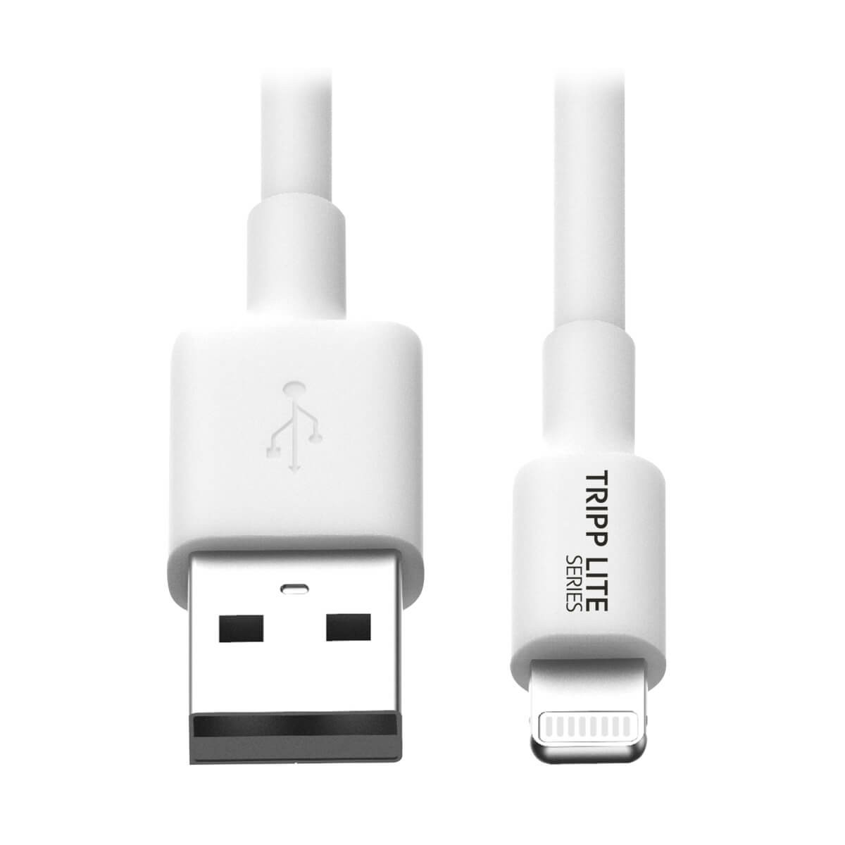 Biały kabel USB do Lightning. Końcówka USB jest kwadratowa, a Lightning prostokątna.