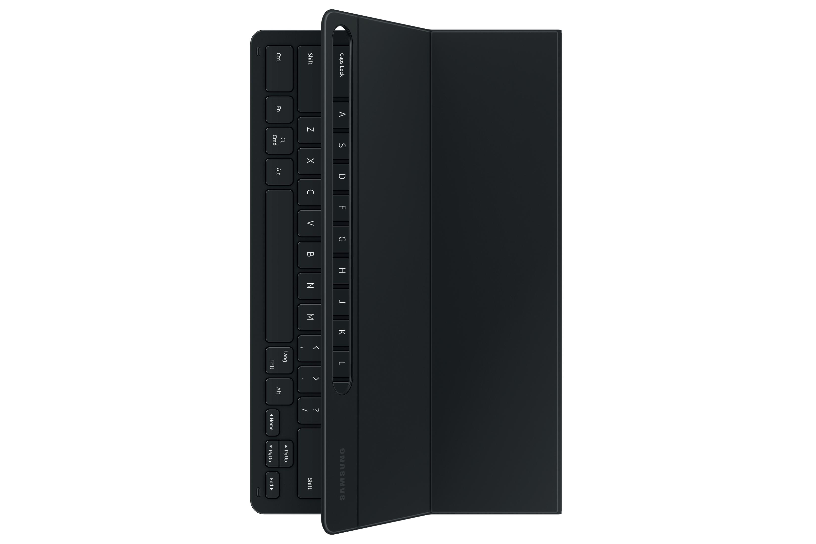 Schwarzes Samsung Tastaturgehäuse, offen. Die Tastatur ist sichtbar, und die Abdeckung ist zurückgeklappt.